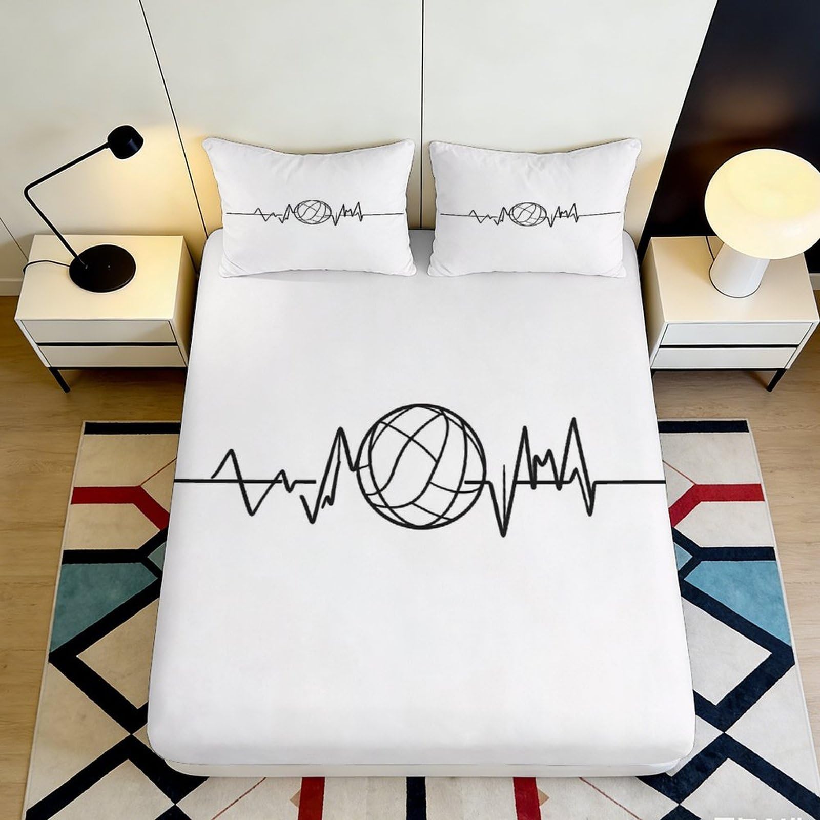 3D Printed Heartbeat Volleyball Fitted Sheet Microfiber Soft White Bed Cover for Bedroom Dorm Mattress Decor 90x200x25cm