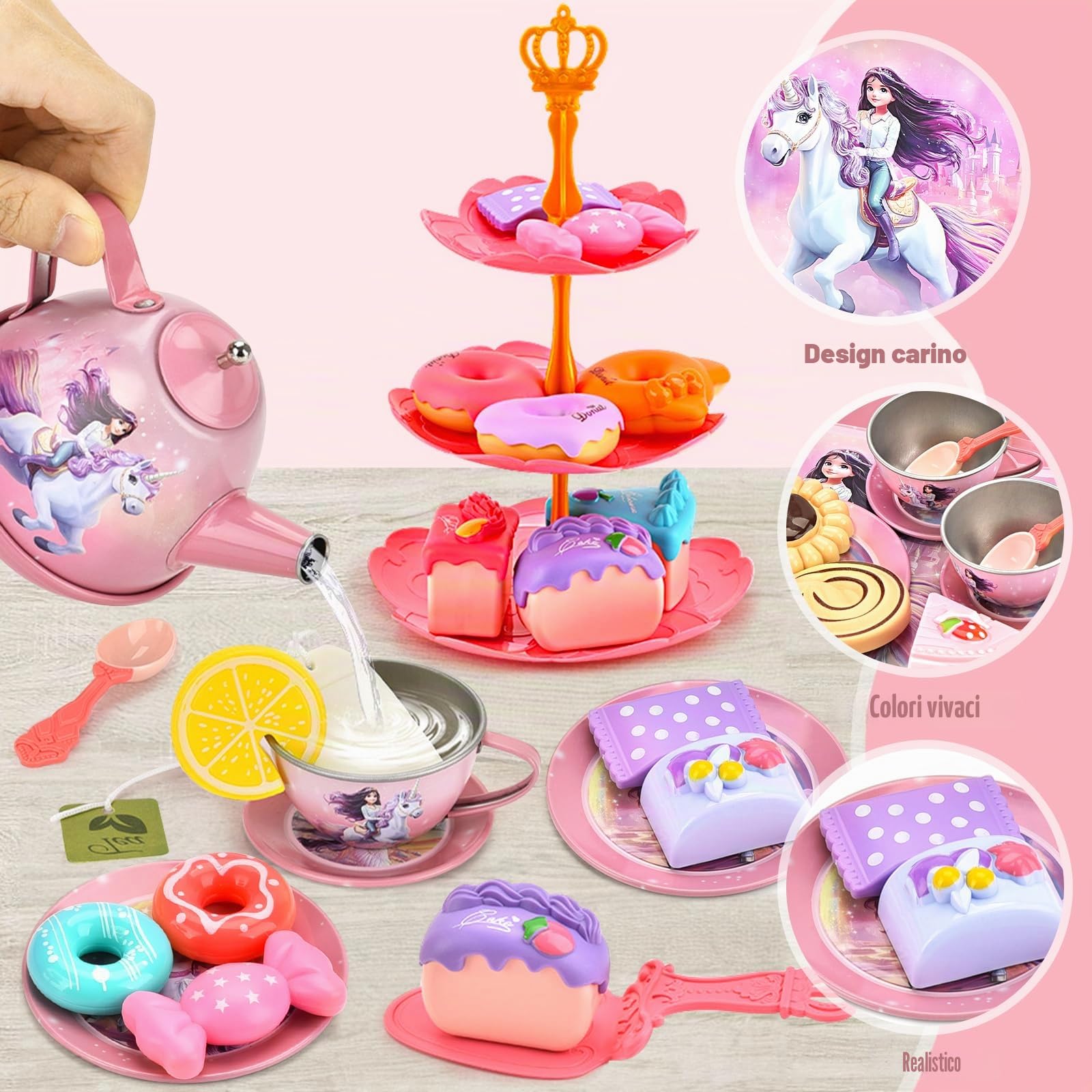 48 Pezzi Set da Tè Per Bambini, Tè Pomeridiano Accessori Cucina Bambini con Dessert Donut Tazze Piatti, Set Cucina Giocattoli per Natale Compleanno Regalo Bambina 3 4 5 6 7 Anni