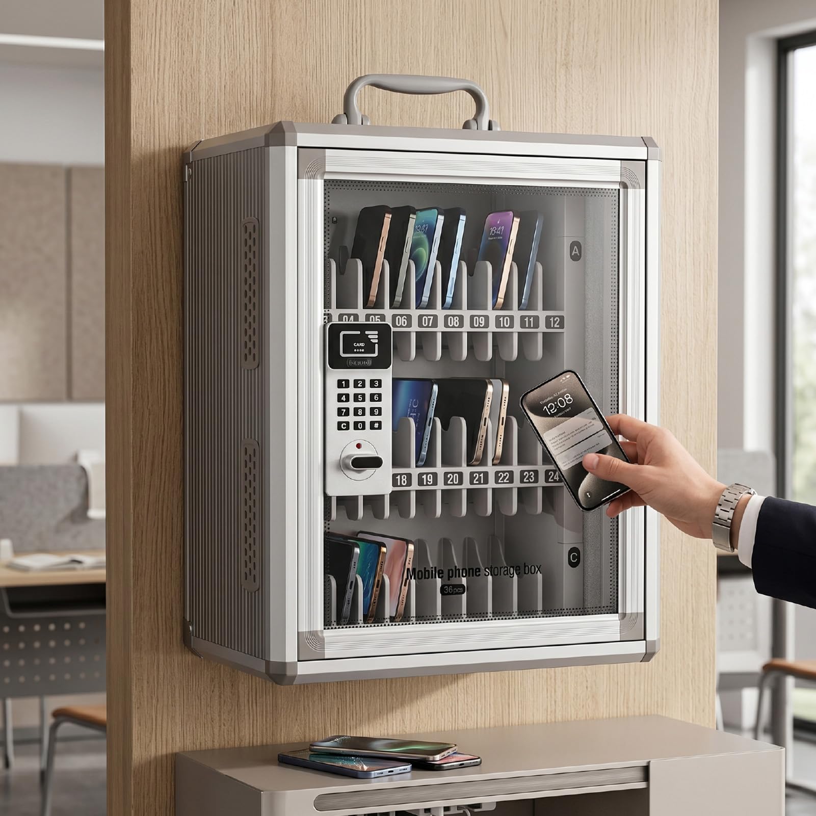 Alomejor Cassetta di Sicurezza per Telefono con 36 Scomparti Archiviazione Elettronica per Uffici Scuole Lega di Alluminio Resistente 285x215x365mm
