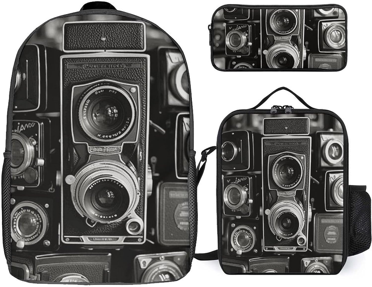 Vintage Camera 3 Piece Backpack Set with Lunch Bag And Pencil Case Travel Laptop Bags Lightweight Causal Daypack for Women Men