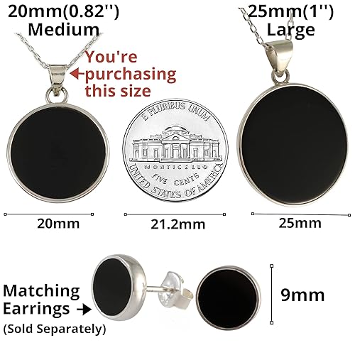 Miniatura 7 de Sterling Silver 925 Black Flat Onyx 20mm Handmade Round Pendant Necklace with 16+2 inch Chain for Women