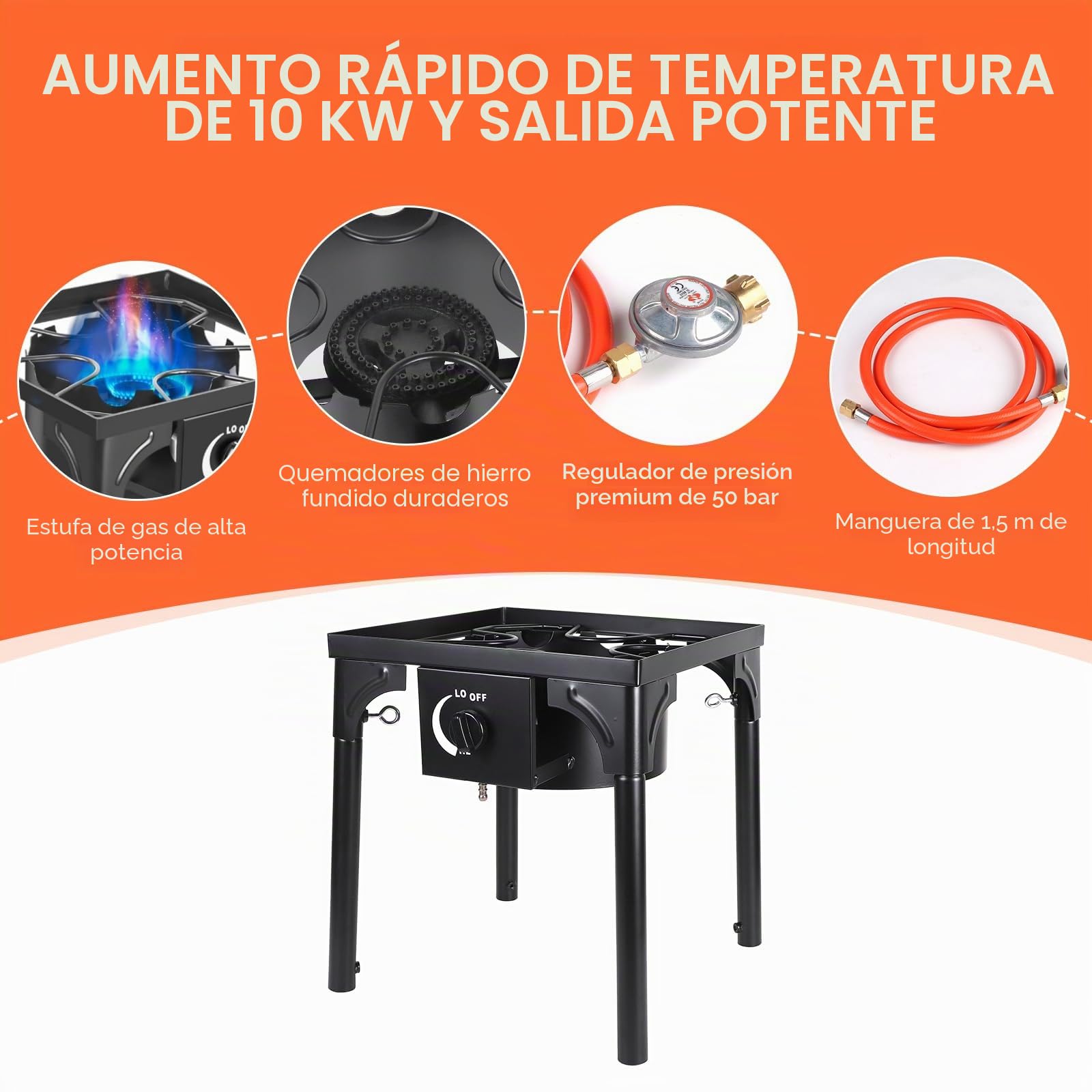CPROSP Hornillo de Gas Hierro Fundido 10kw, 40×40×76cm, Quemador Gas Butano con 1,5m Manguera y Regulador Presión 50mbar, Cocina Gas Camping para Outdoor Acampada