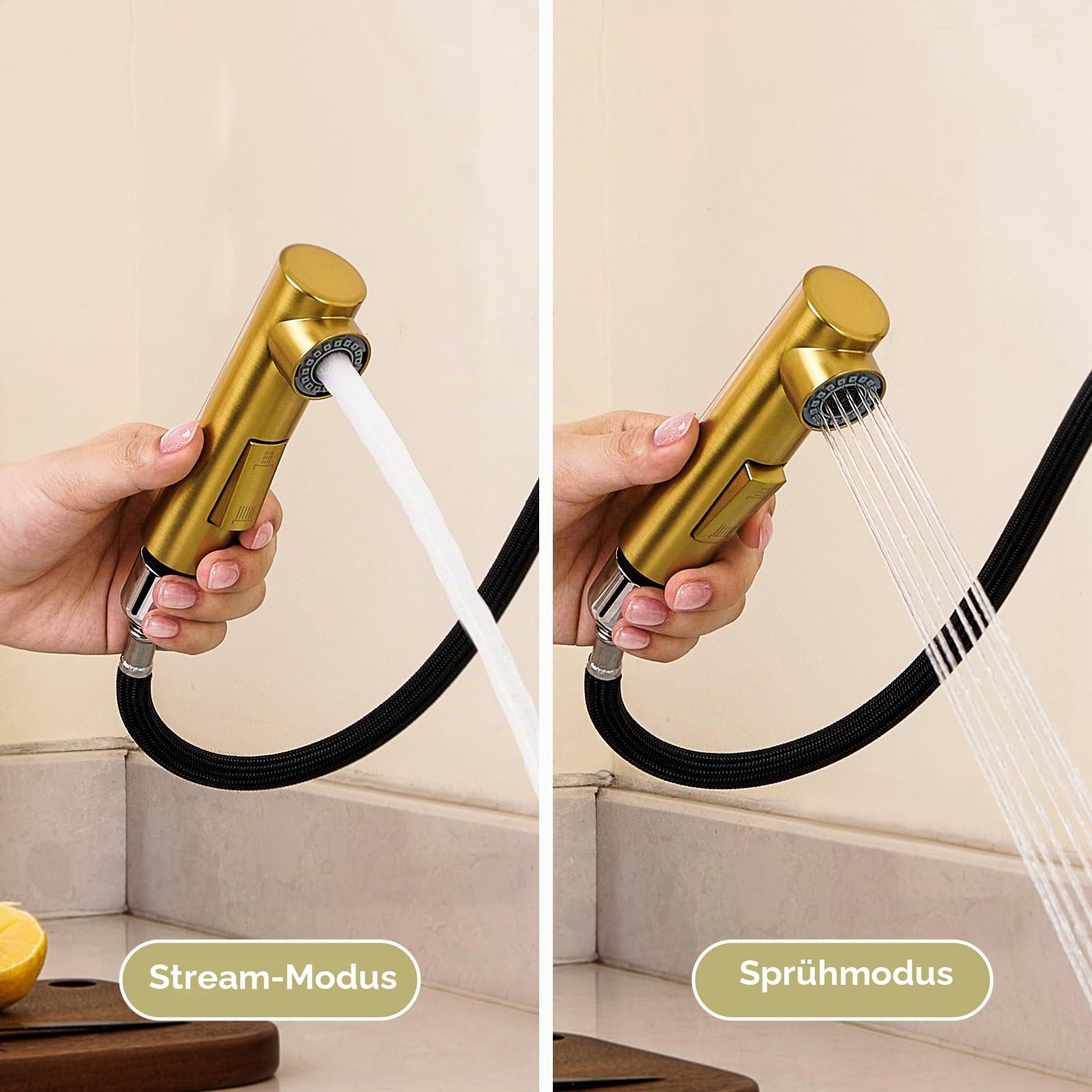 Wasserhahn Küche Gold, Küchenarmatur Ausziehbar Mischbatterie | Hochdruck Armatur Küche aus Edelstahl, 360°Schwenkbar Zwei Sprühfunktionen, Küchenarmatur mit Brause