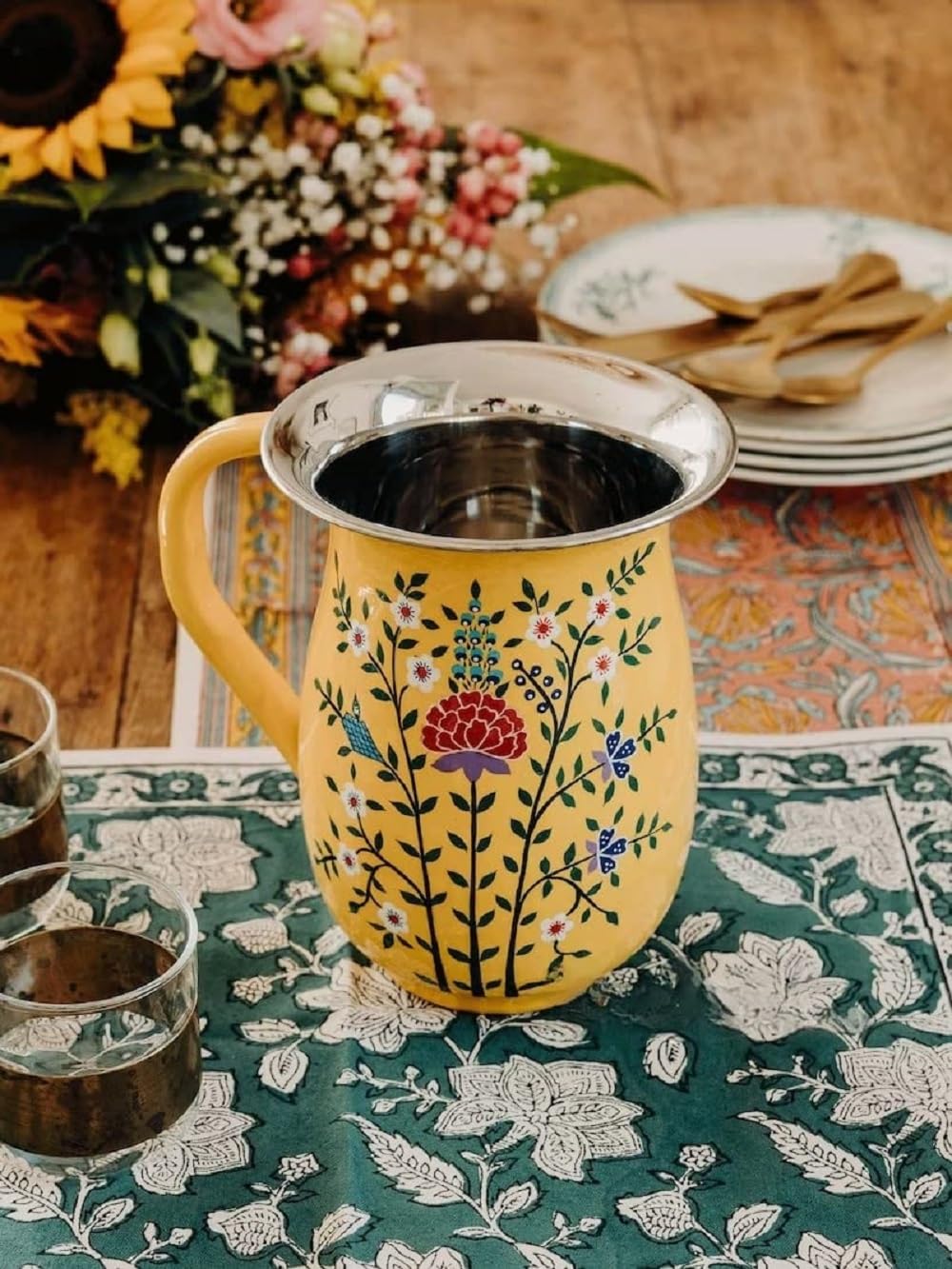 Rajasthan Craft Point Traditional Hand Painted Stainless Steel Designer Jugs for Serving & Home Decor (Yellow)