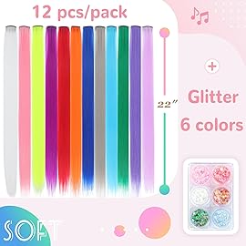 Colored Hair Extensions, 22 Inch Straight Clip in Hair Extension Body Face Hair Glitter Multi Color Rainbow Pink Red Hairpiece Extensions for Kids Girls Women (Glitter+12 color)