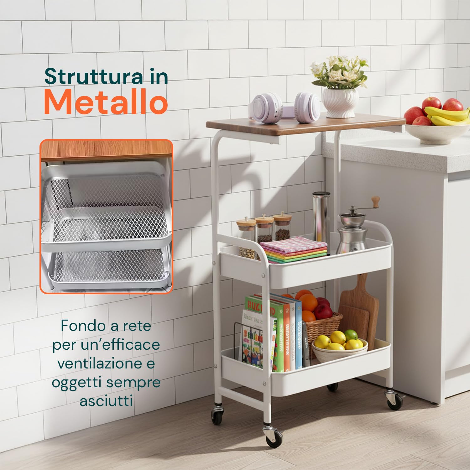 Avilia - Carrello Cucina Multiuso a 2 Ripiani in Metallo e Legno - Mobile Salvaspazio con 4 Ruote Girevoli a 360° - Organizer Portatutto per Casa, Ufficio e Bagno - 77x43x30 cm - Industrial