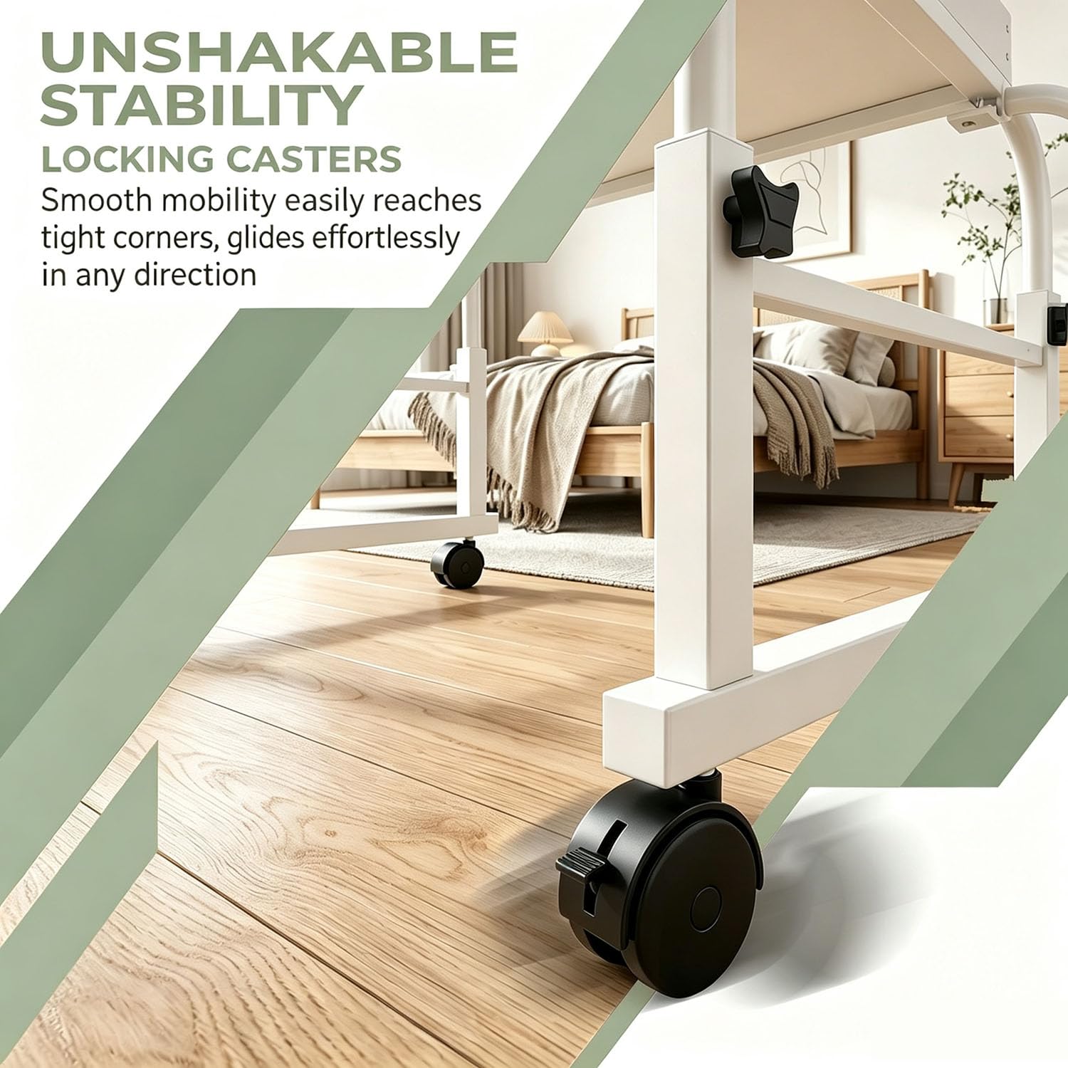 Mesa de Bandeja Escritorio Portátil con Ruedas, Mesa Auxiliar para Cama | Altura y Longitud Ajustables, Ruedas con Bloqueo, Borde Perimetral Anticaídas, Superficie de Madera y Estructura Resistente