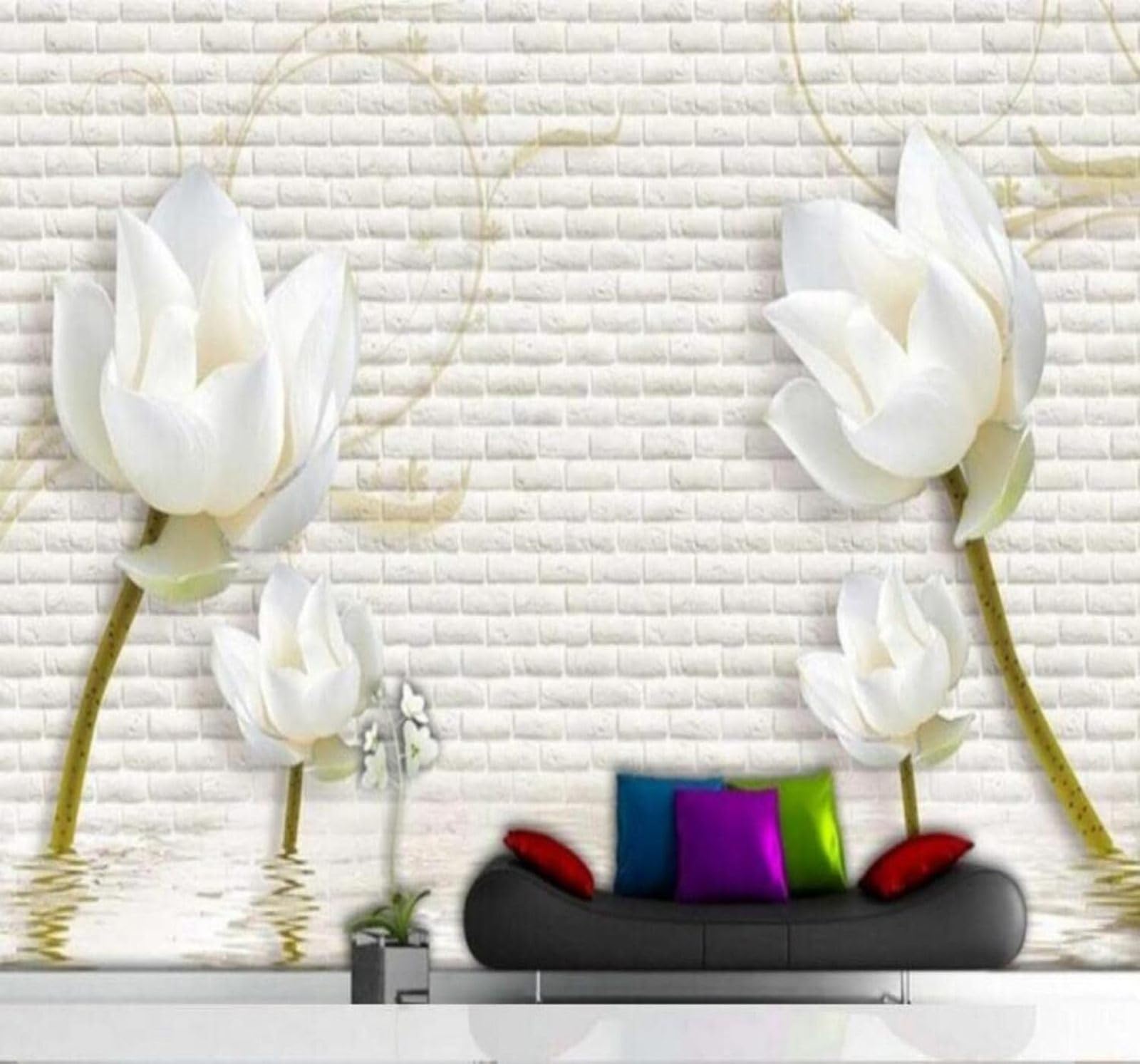 XLMING Brick Wall Three Dimensional White Peony Reflection 3D Wallpaper Luxury Home Dining Decor Paste Sofa Living Room The Wall for Bedroom Mural-200cm×140cm