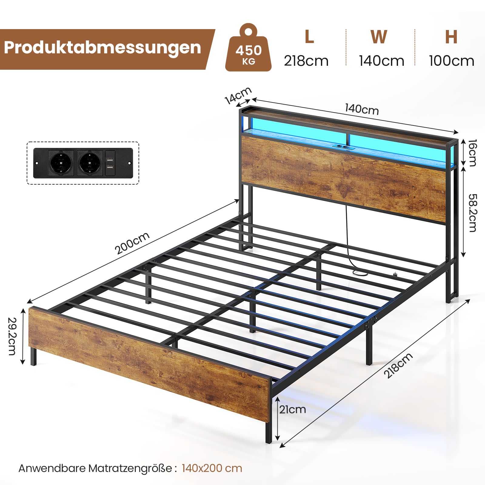 Brinlawb Bett 140x200 mit Lattenrost aus Metall Doppelbett mit LED Beleuchtung und Ladestation (2 AC-Steckdosen 2 USB-Anschlüsse) Bettrahmen, Bettgestell 140x200cm mit Holzkopfteil und Stauraum, Braun