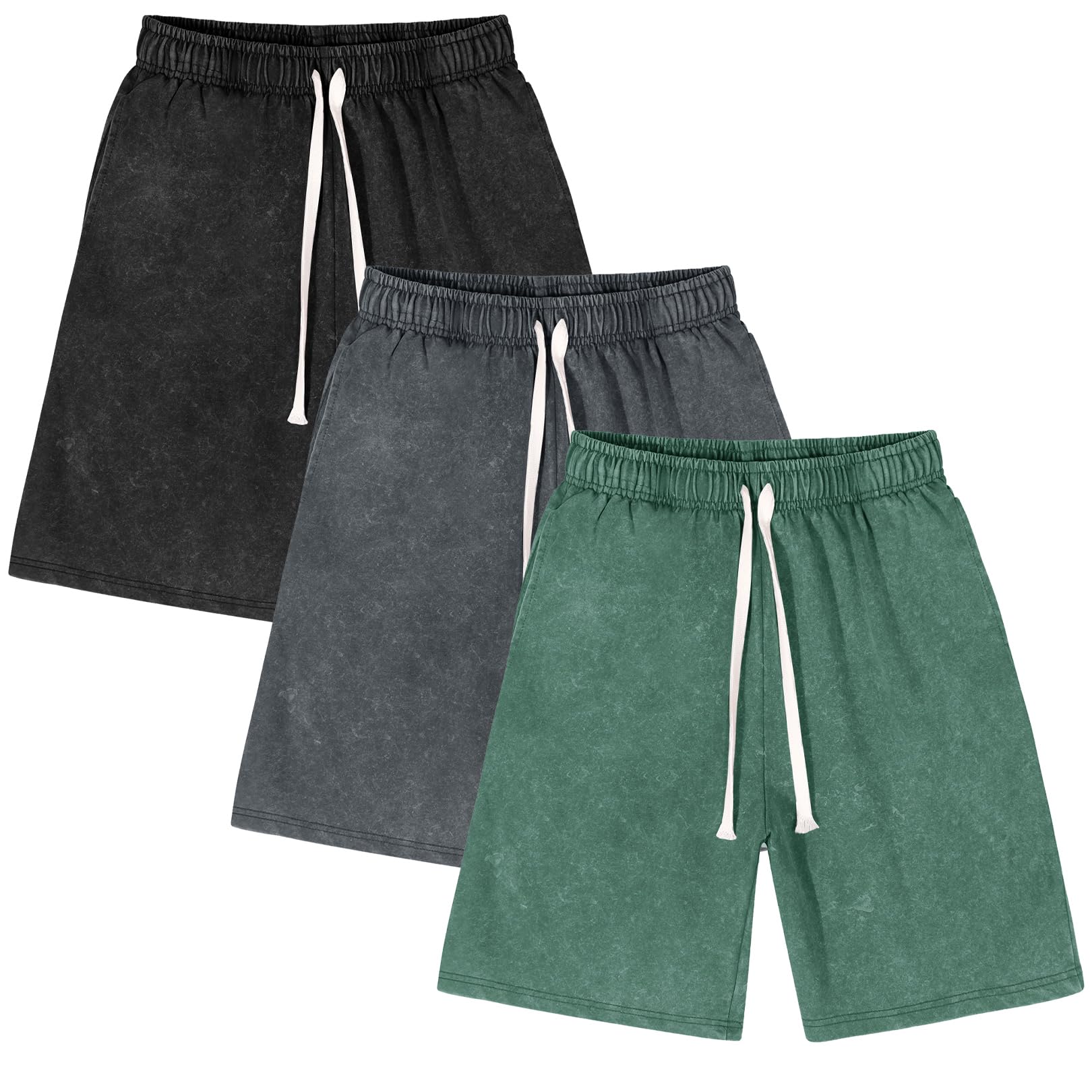 Flygo Herren-Sweatshorts, säuregewaschene Baumwolle, elastischer Bund, Kordelzug, Fitnessstudio, Workout, Joggerhose mit Taschen, 3er-Pack