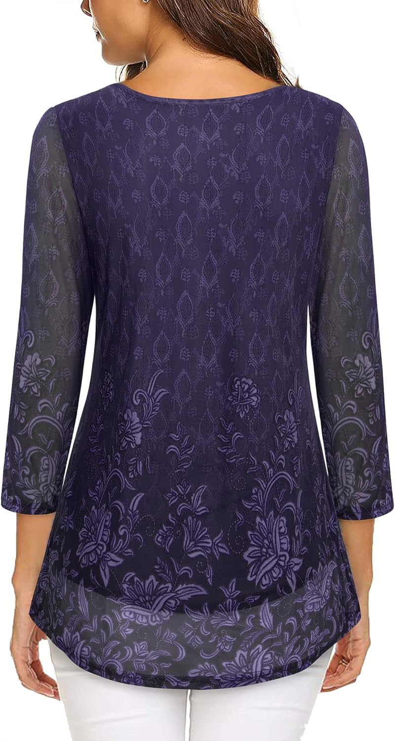 VALOLIA Women's 3/4 Sleeve Tunic Tops Casual Loose Fit Floral Blouses Mesh Pleated Layered Shirt - Image 2