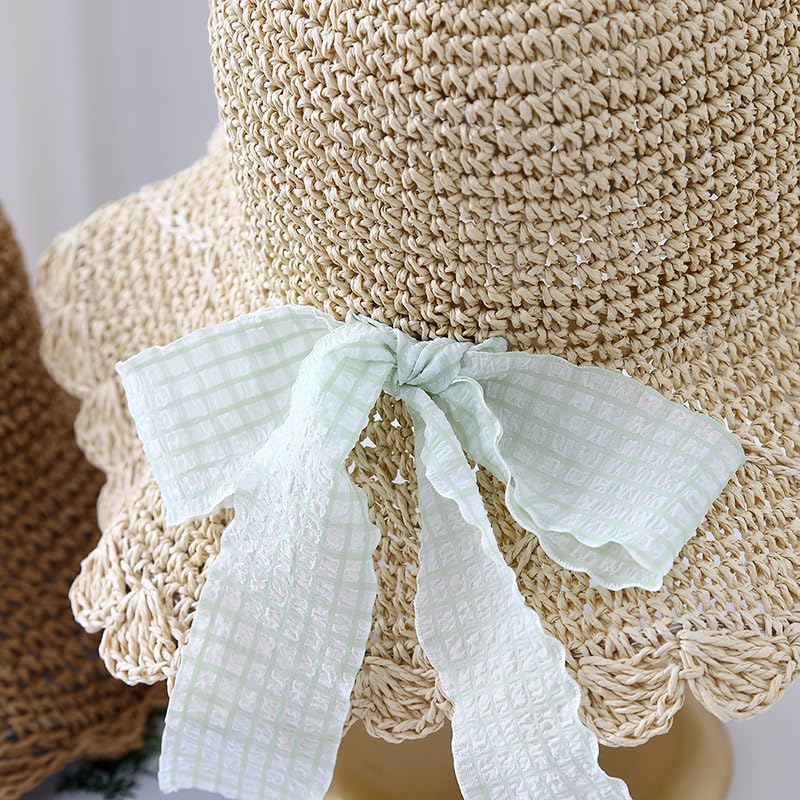Gorra de Sol para Mujer,Gorra de Paja de Verano con Lazo A Cuadros,Ajustable,Plegable,de ala Ancha,Sombrero de Playa de Paja Flexible para Caminar,Pescar y Viajar