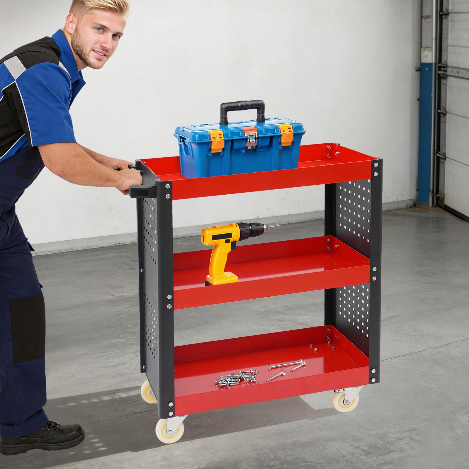 Werkstattwagen Transportwagen 120kg Tragkraft, 3 Etagen Rollwagen (Rot)