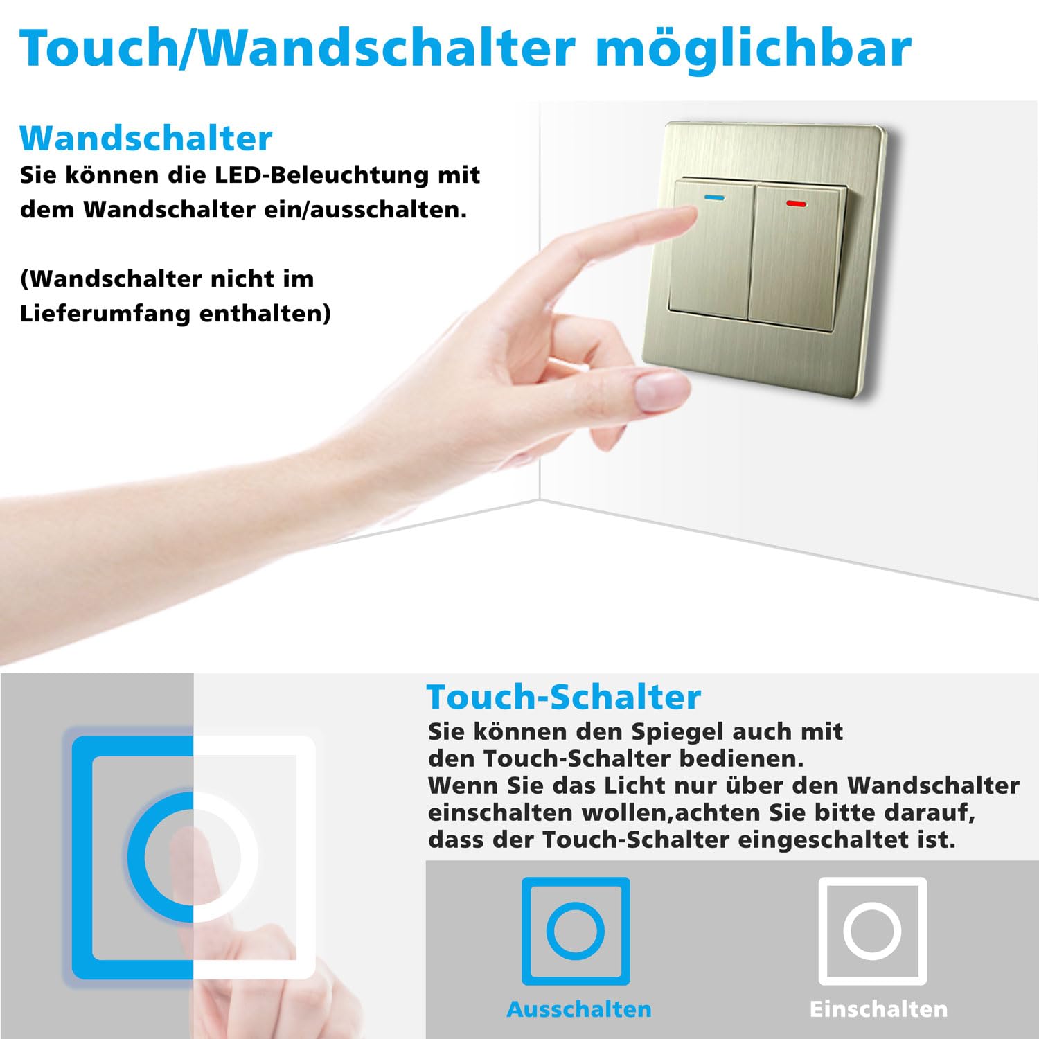 LED Badspiegel Oval 60x100cm Wand/Touchschalter Beschlagfrei Kaltweiß Dimmbar Badezimmerspiegel mit LED-Hinterleuchtung IP44