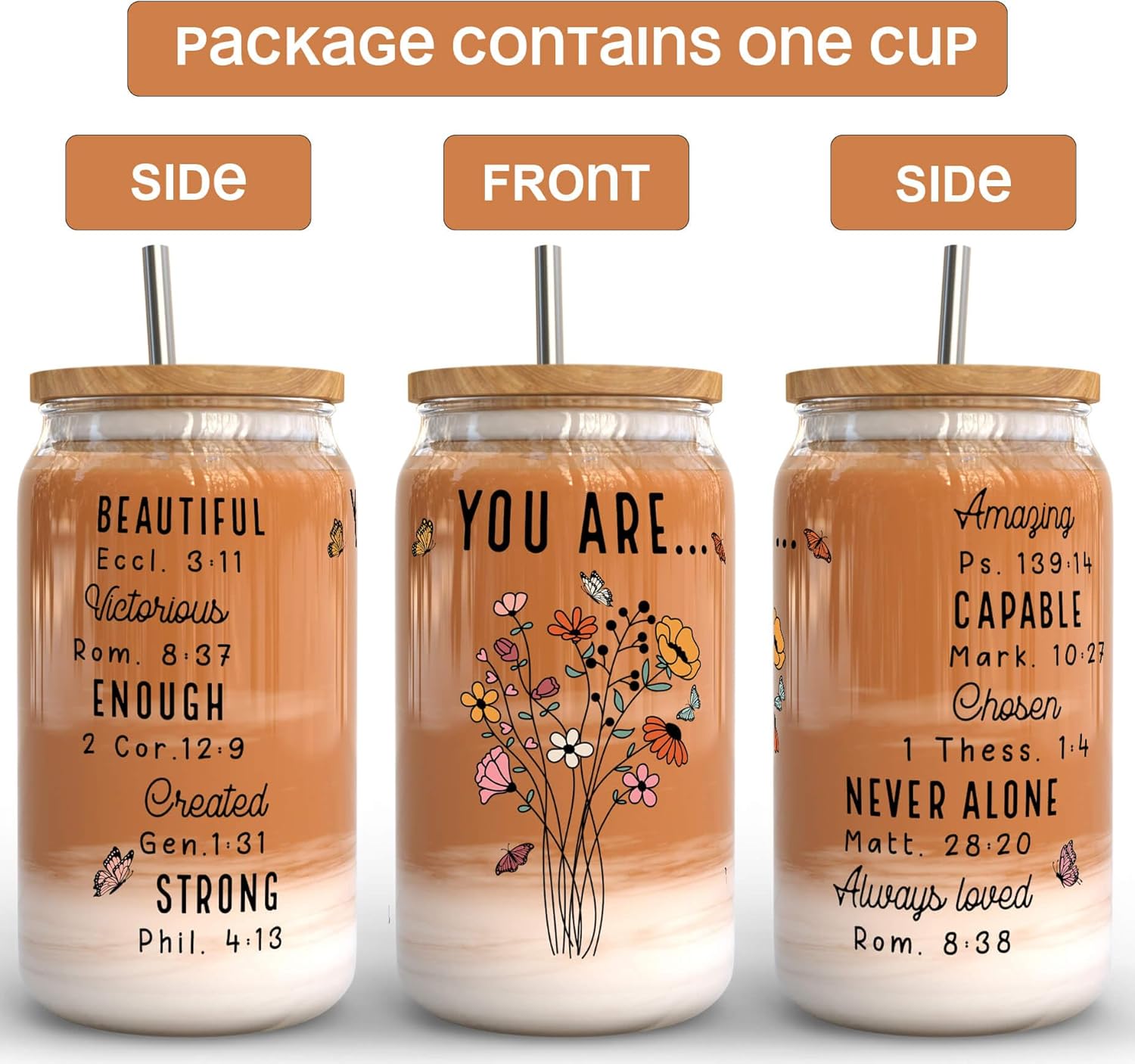 Fancyfams 16 oz Glass Drinking Cup with Bamboo Lid, and Straw, Women of the Bible Drink Cup, Christian, Religious, Mothers Day, Birthday Gifts for Women, Affirmation, Jesus Coffee Jar (You Are) - Image 2