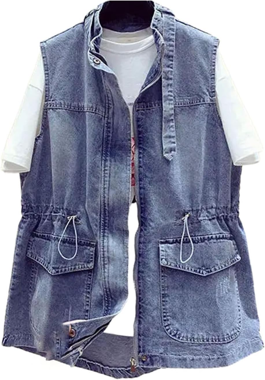 Women Back Slit Denim Vest Long Length Button Up Pocketed Sleeveless Jean Waistcoat