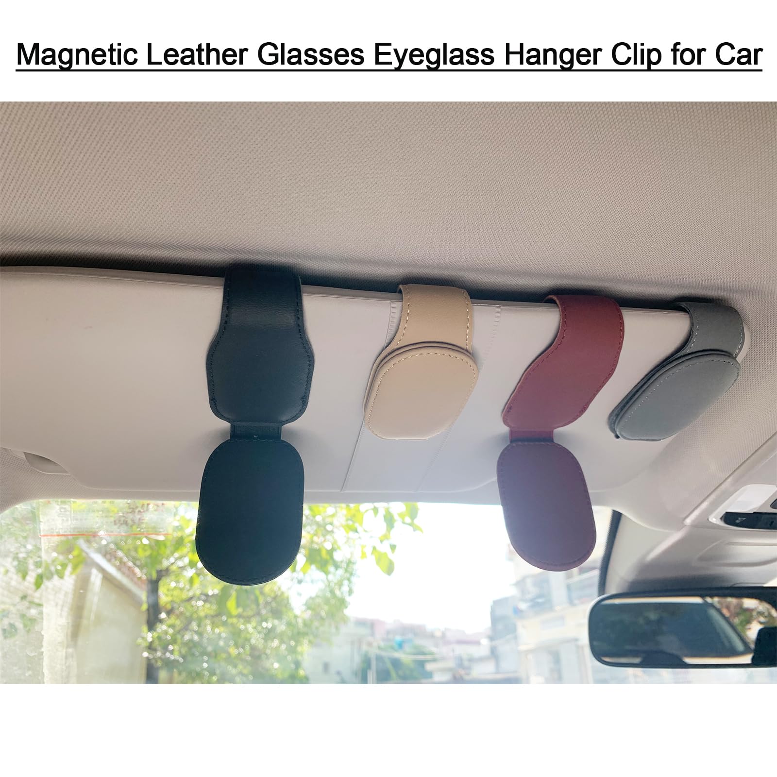 Foncnci Sunglass Holder for Car, Magnetic Leather Sunglasses Holder and Ticket Card Clip, Car Sunglass Holder Accessories Universal-2 Pcs (Wine Red)