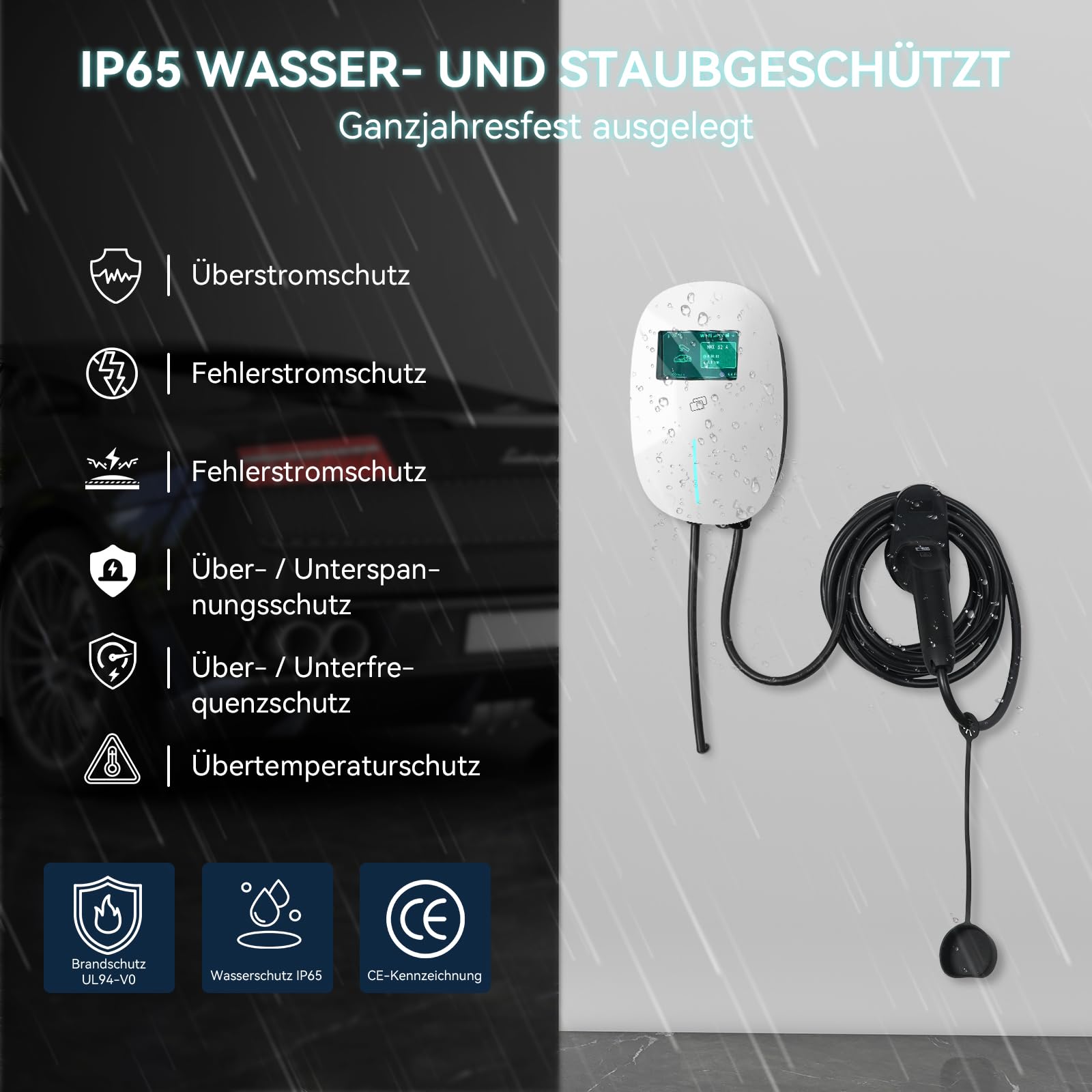 Fullwatt Wallbox 22kW mit APP und RFID, 3-Phasig für Alle EVs und PHEVs | EV Ladegerät Typ 2 7M 400V 6-16A mit LCD und Ladegerätehalter, Geplante Ladung IP54, Weiß