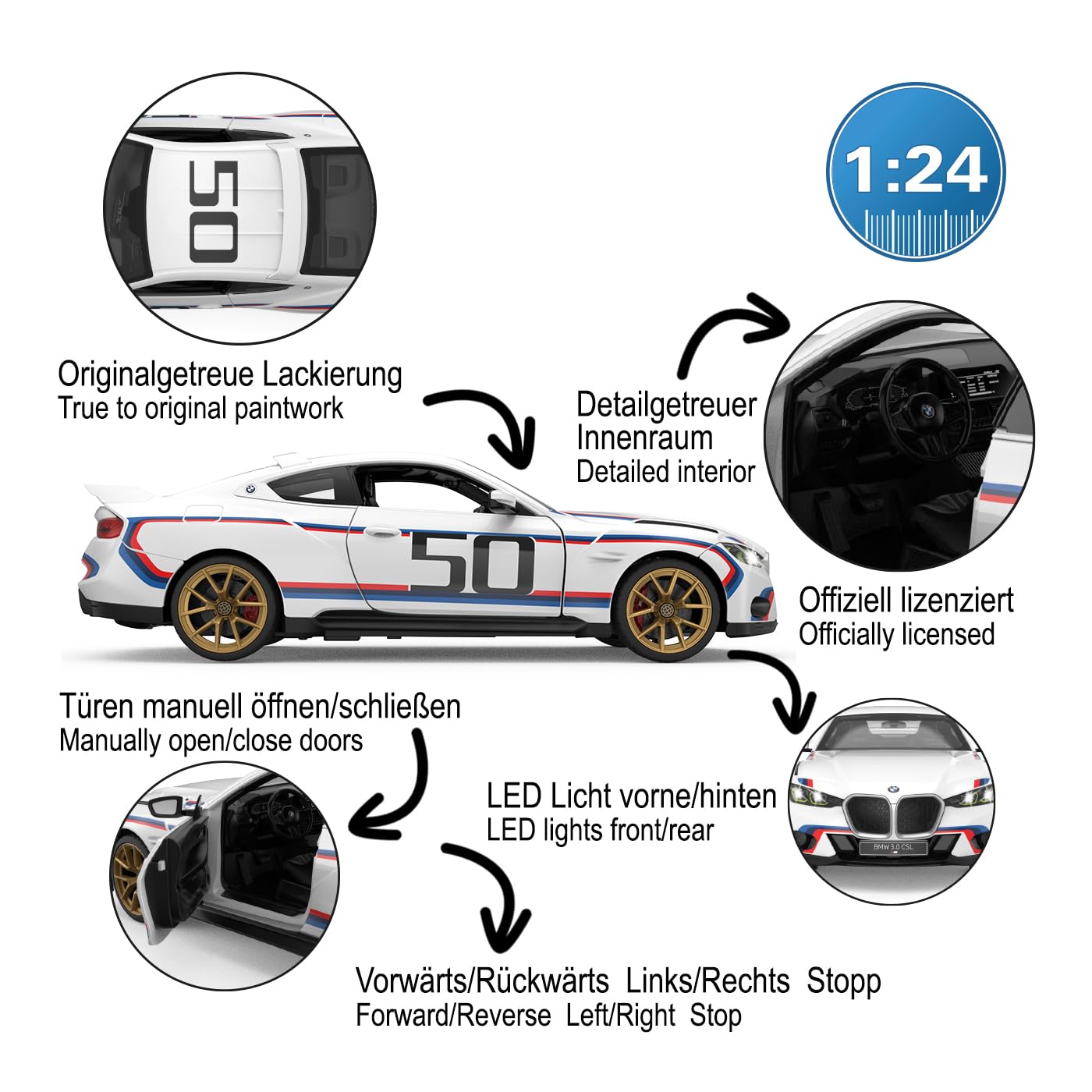 JAMARA BMW 3.0 CSL 1:14 Drzwi ręczne białe 2,4 GHz - oficjalna licencja, szczegółowe wnętrze, oryginalna farba, przezroczysta szyba, światło LED, samochód RC