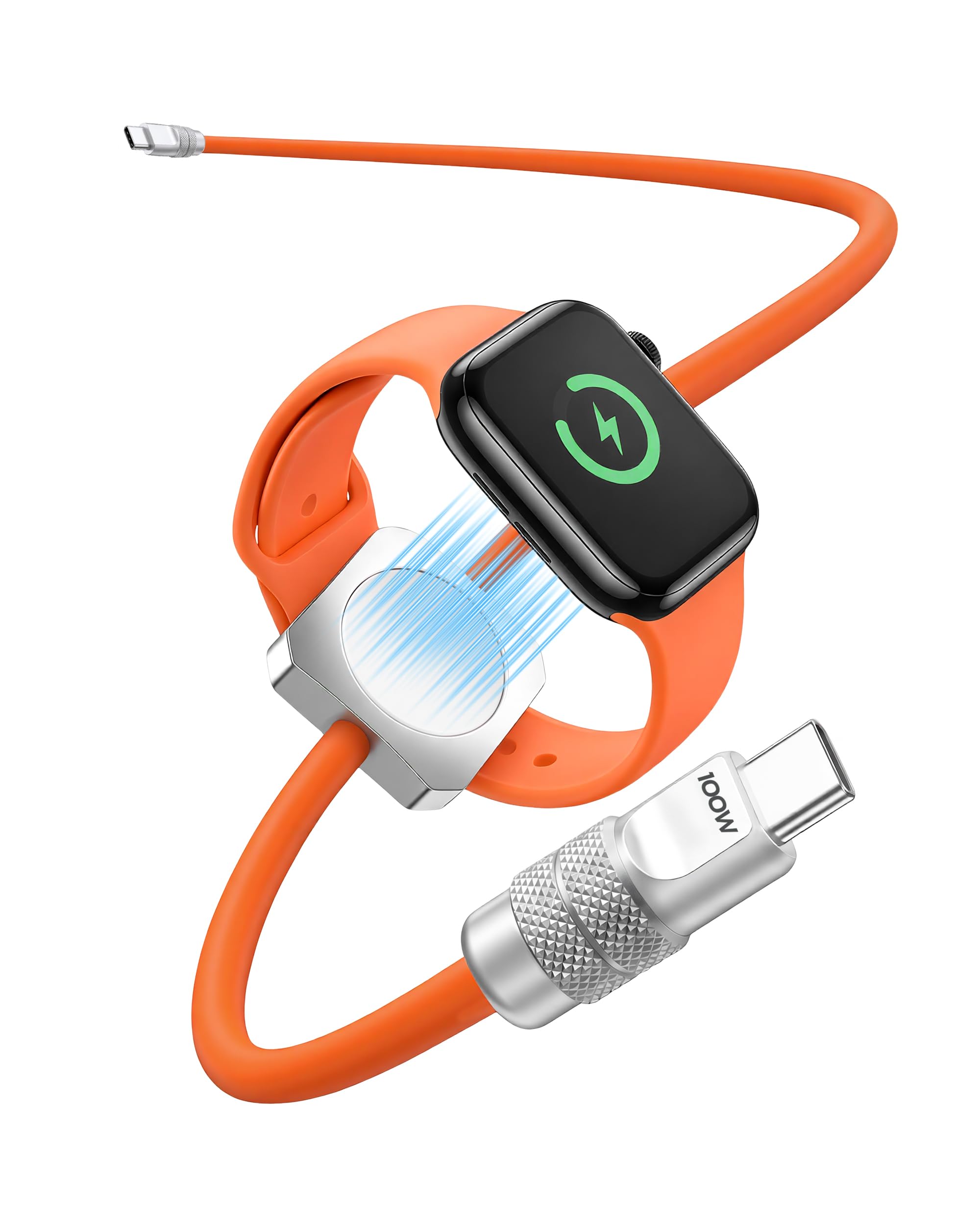 chubbycable Solo-Flex 2-in-1-USB-C-auf-USB-C-Kabel mit integriertem magnetischem Ladegerät für Apple Watch, 100 W + 5 W, schnelles Aufladen, dickes Silikonkabel, Orange, 1,2 m