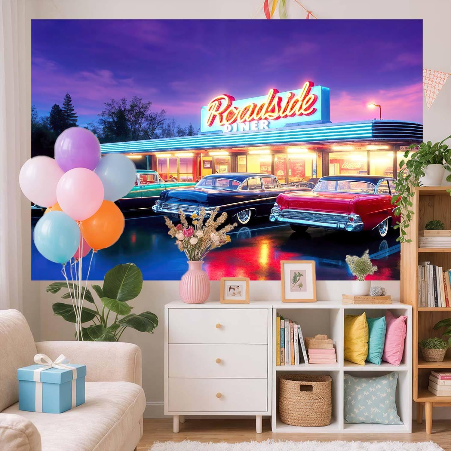 Retro lata 50. przydrożne tło obiadowe, vintage klasyczny samochód neonowy znak tło fotograficzne, tło z lat 50. XX wieku, dekoracja na imprezę, amerykańska kolacja rekwizyt do fotobudki na imprezy