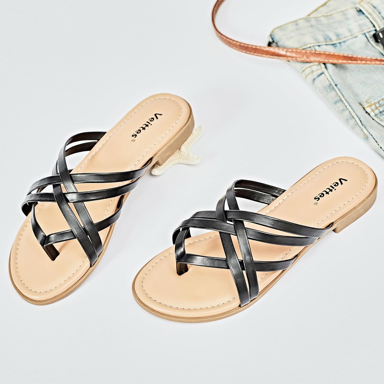 Veittes Women's Flat Slide Sandals,Casual Multiple Straps T-Straps Slip on Flat Summer Thong Sandals - Image 3