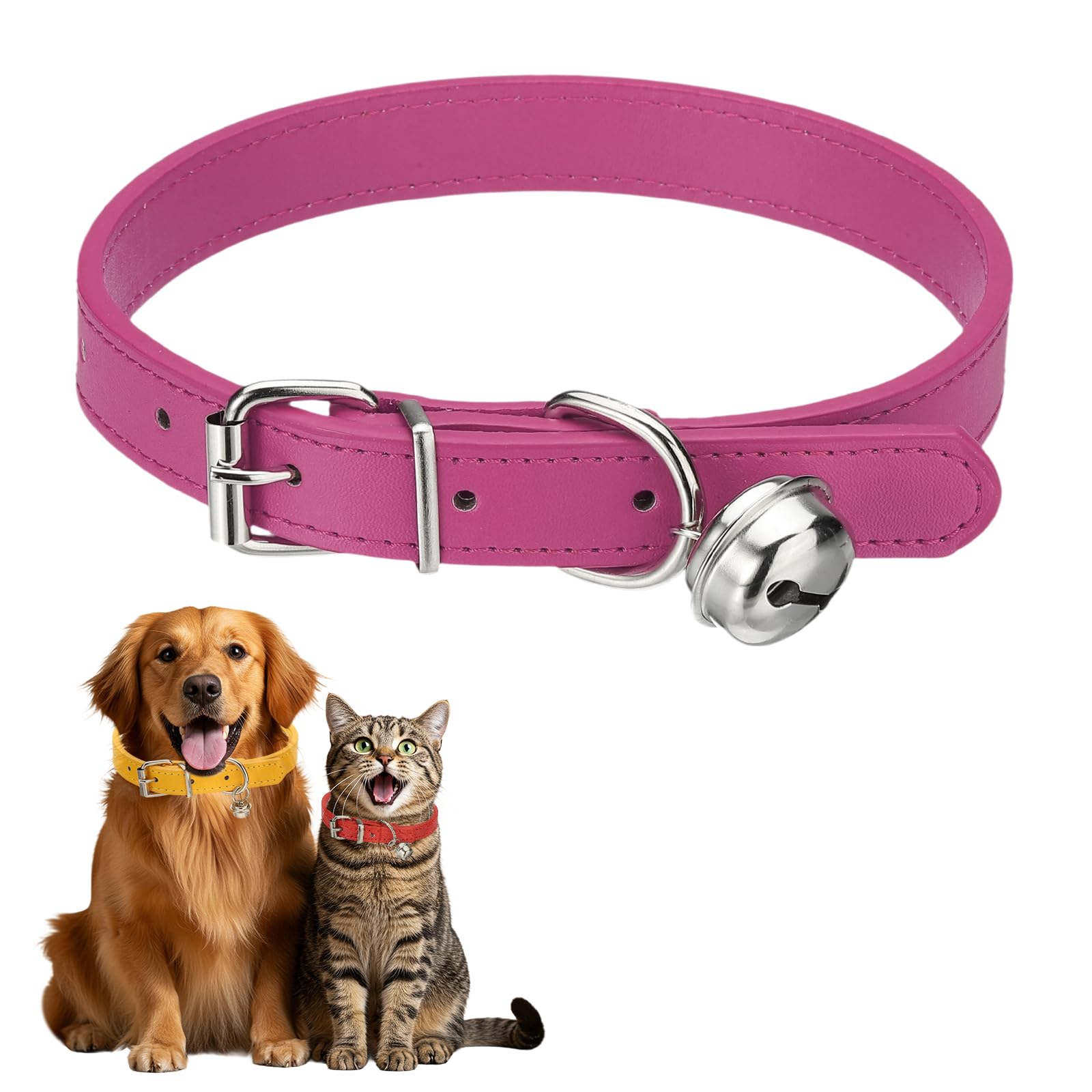 sourcing map Dog Collar with Bell, Pu Leather Cat Collars Pet Basic Soft Padded Adjustable Buckle, 20" (Hot Pink, 1 Pcs), Intended for Teacup/Little Dog/Kitten Cats/Small Animals