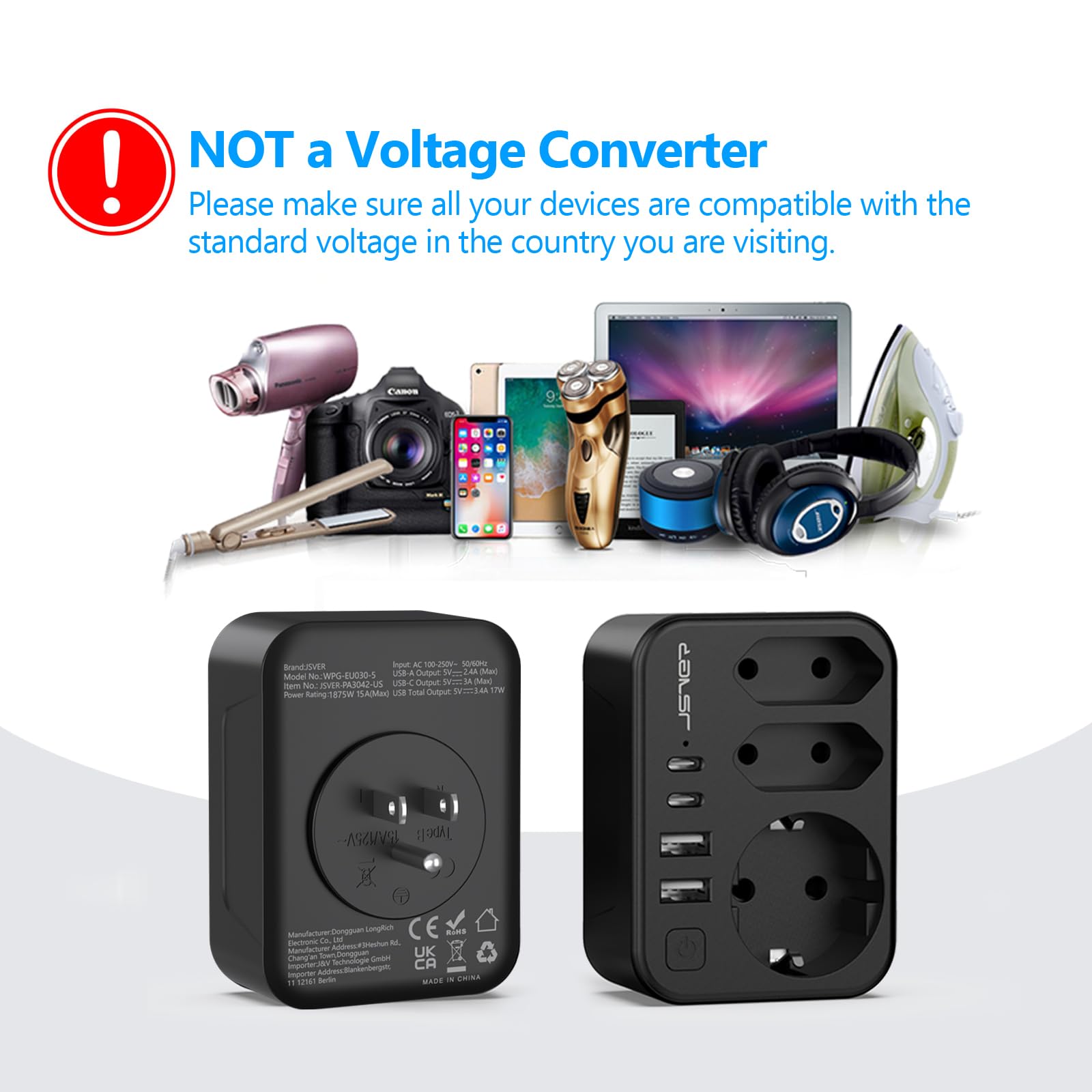JSVER Adaptateur de Voyage 7 en 1 France vers États-Unis Canada 4 Ports USB 2A+2C Prises Type B Noir