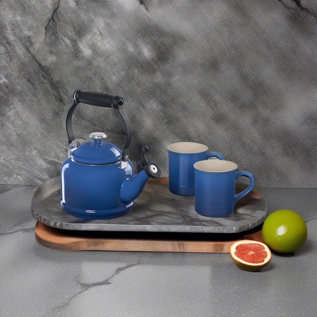 Le Creuset Enamel On Steel Demi Kettle with Metal Finishes & Stoneware Set of 2 Mugs, 1.25 qt. Kettle & (2) 14 oz. Mugs, Marseille