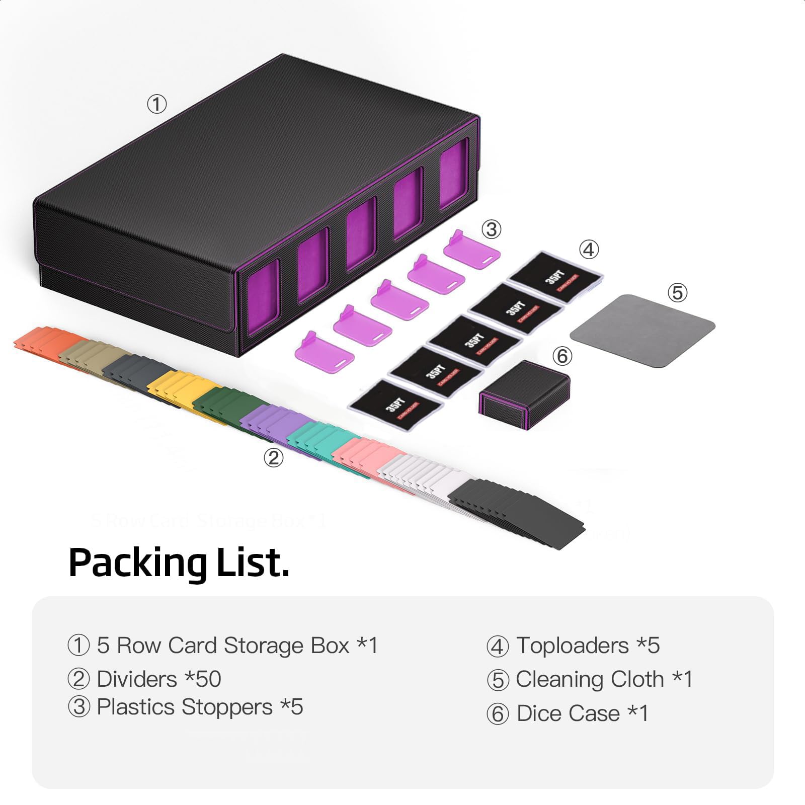 Boîte rangement cartes MTG avec vitrine Commander, 3900+ cartes, deck box 5 compartiments avec couvercle amovible, organiseur TCG PTCG cartes sport, compatible Toploader, 50 séparateurs (Violet)