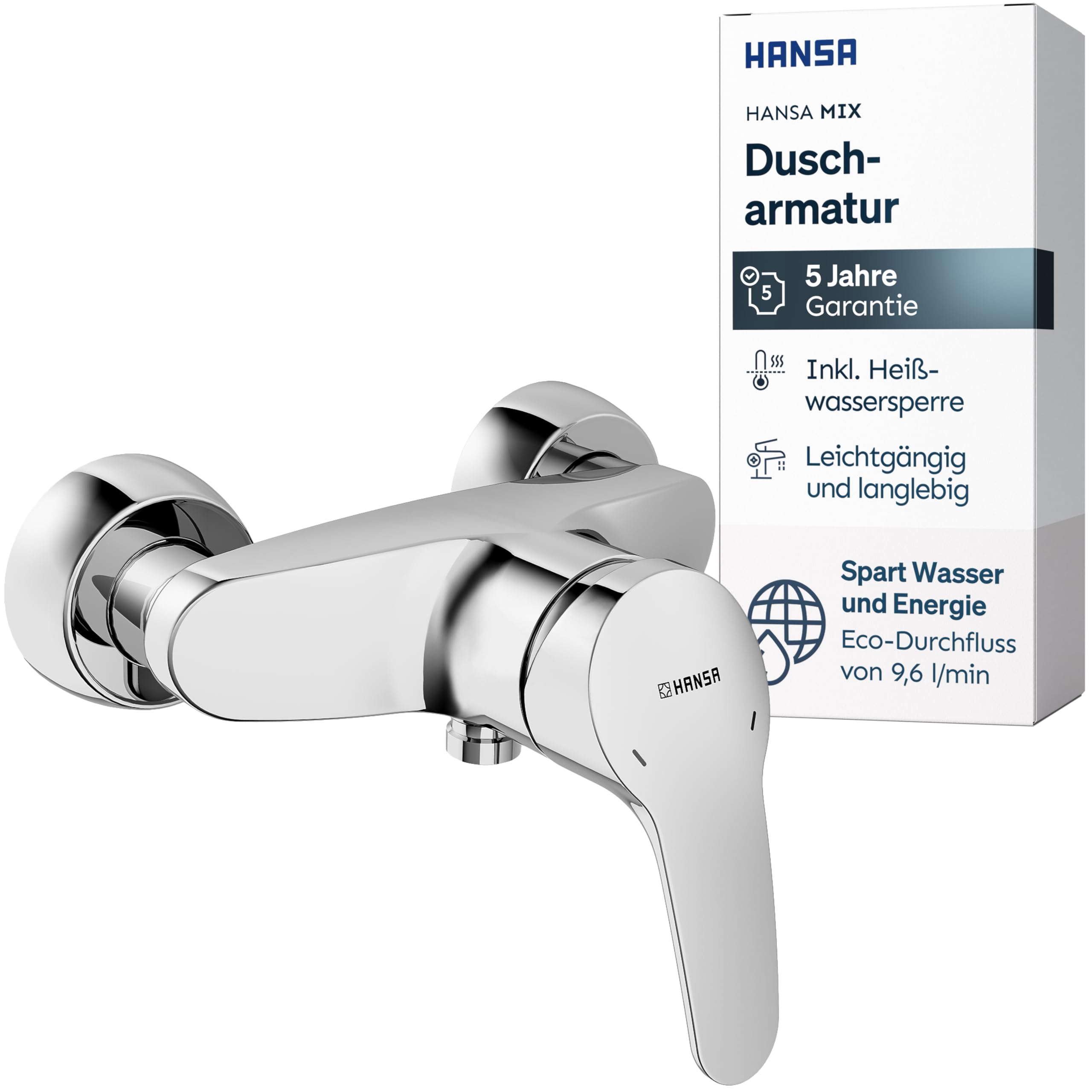 HANSA MIX Duscharmatur I Wassersparender Einhebelmischer mit Wasserbremse I Mischbatterie Dusche mit Temperatur- und Wassermengenbegrenzer I G 1/2 Standard-Anschluss für Duschkopf mit Schlauch | Chrom
