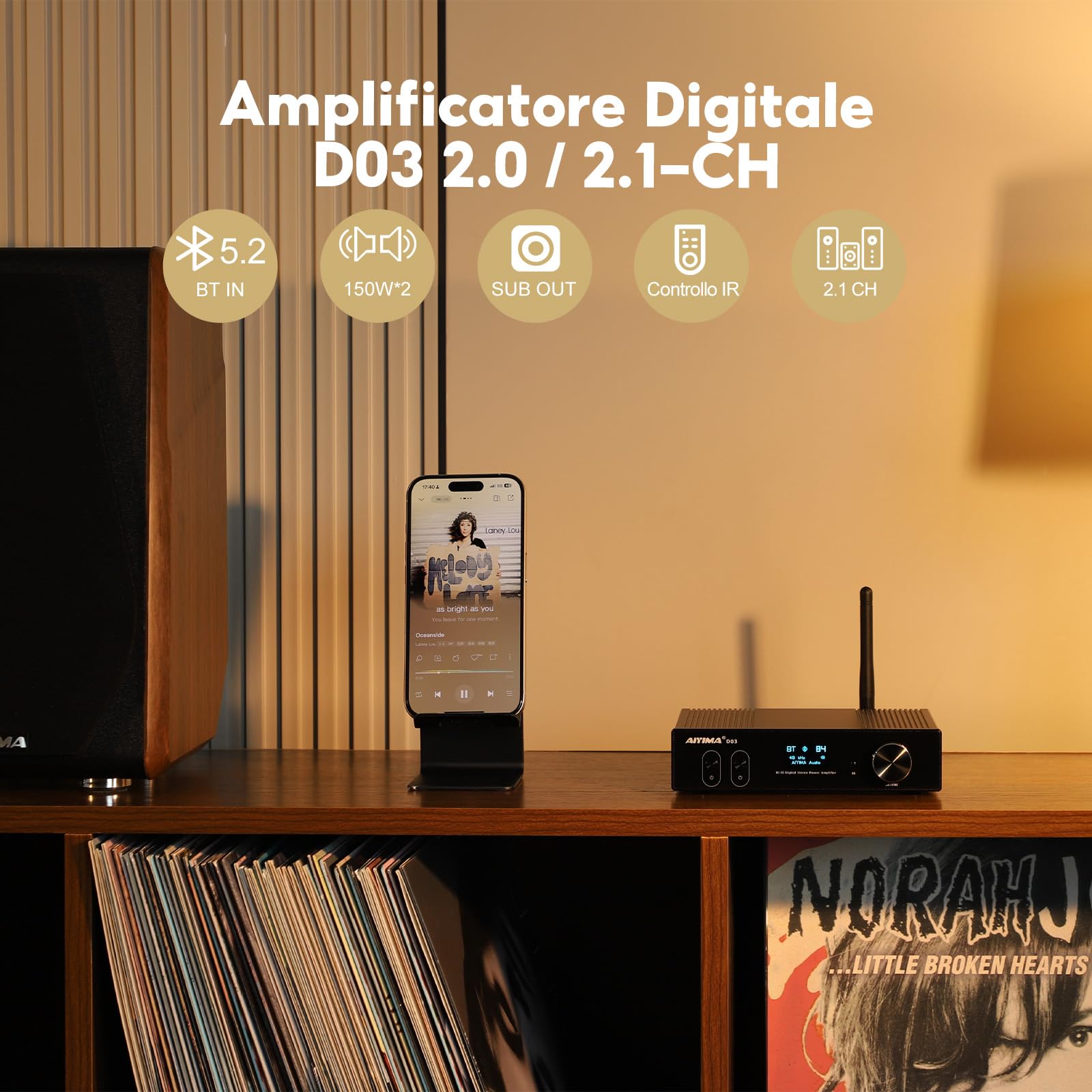 AIYIMA D03 Bluetooth 5.2 150W x 2 Stereo HiFi 2.1 CH Sound Digital Amplificador Amplificador 24 bit / 192KHz Classe D Amplificatore di potenza USB DAC COAXIAL OTTICO OLED APTX Subwoofer Subwoofer
