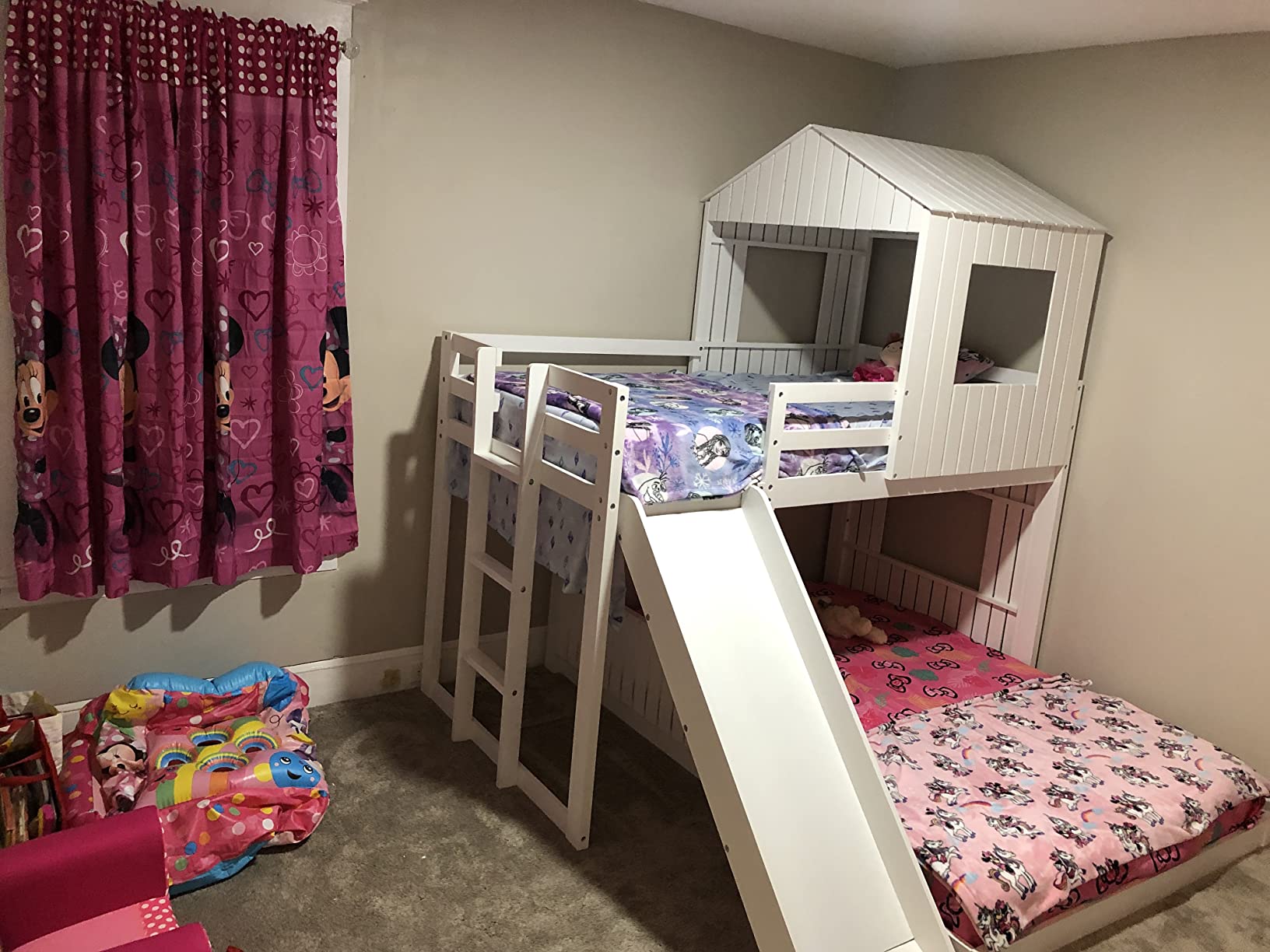 23/mo Finance Bunk Bed for Kids Toddlers, Twin Over Twin Bunk Bed with Slide, Wood Playhouse