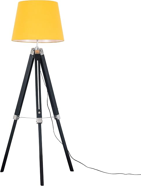 MiniSun Modern Black Wood and Silver Chrome Tripod Floor Lamp with a Mustard Tapered Shade