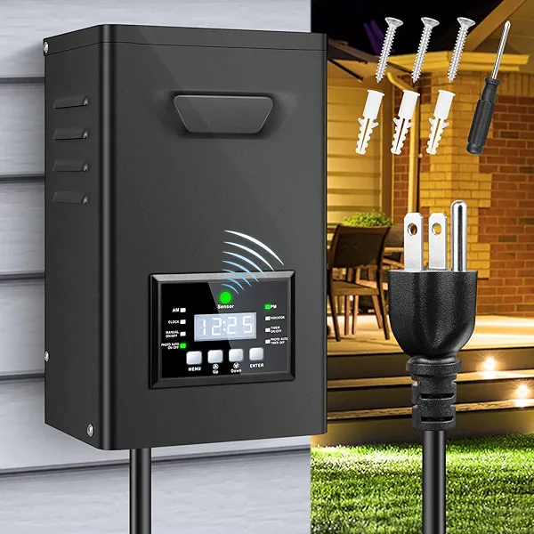 600W Low Voltage Landscape Transformer, Landscape Lighting Transformer with Timer and photocell Sensor, 120V AC to 12V/15V AC Outdoor Weatherproof Low Voltage Transformers for Landscape Lighting