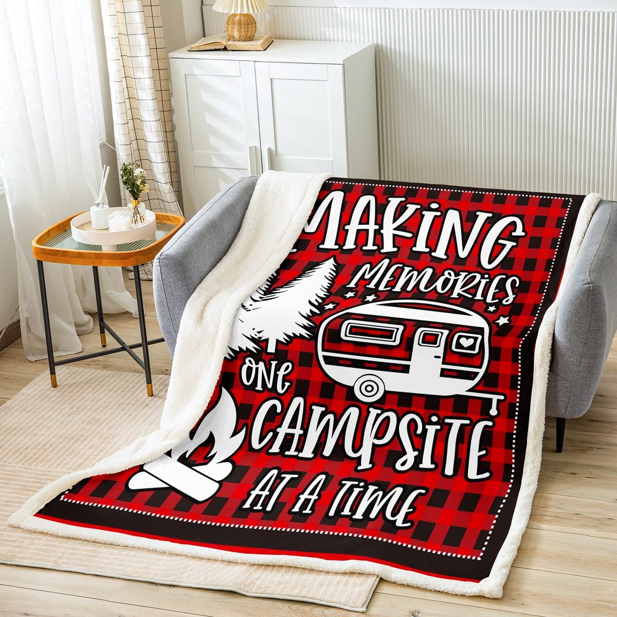 Coperta in pile da campeggio Sherpa per bambini, ragazzi, ragazze, camper, auto da viaggio, albero falò, bianco, rosso, nero, coperta sfocata per divano letto, queen 200 x 200 cm