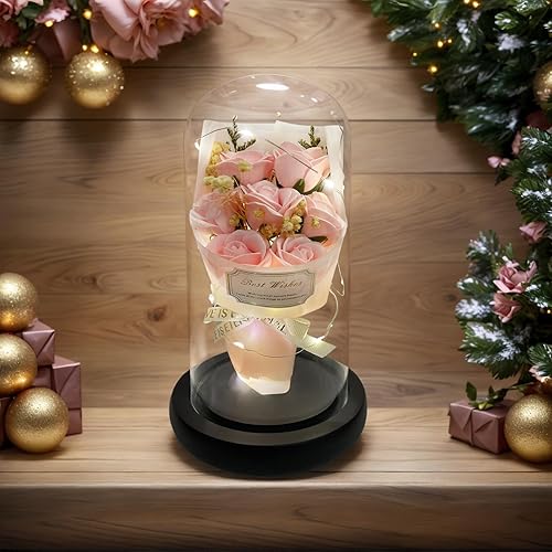 Miniatura 7 de Regalo para ella, ramo de flores para siempre, rosas rosadas preservadas, cúpula de cristal, luz LED, 100 idiomas, collar con texto en inglés "I