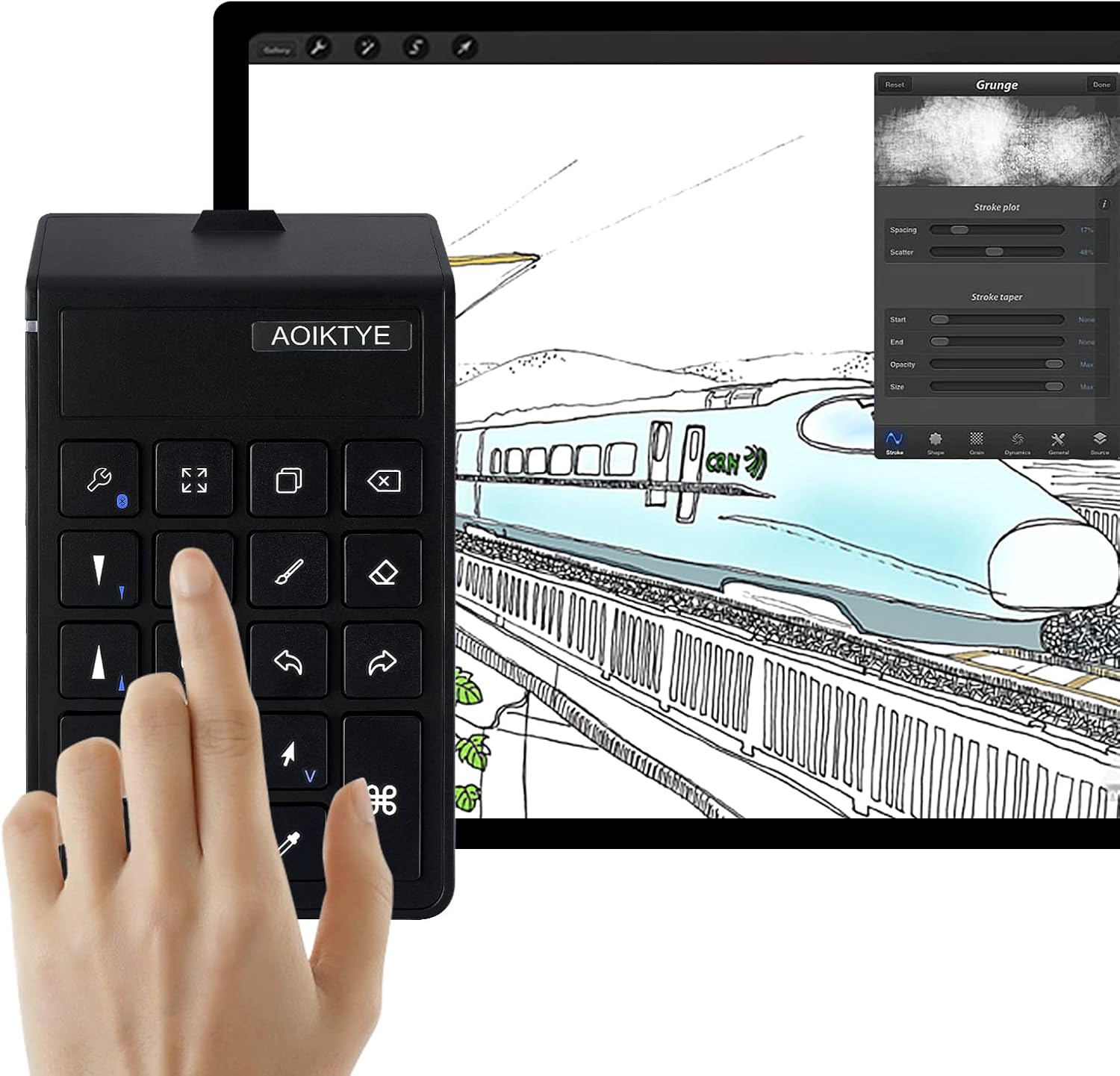 AOIKTYE Procreate Left-Handed Device in use with a digital drawing application on a tablet.