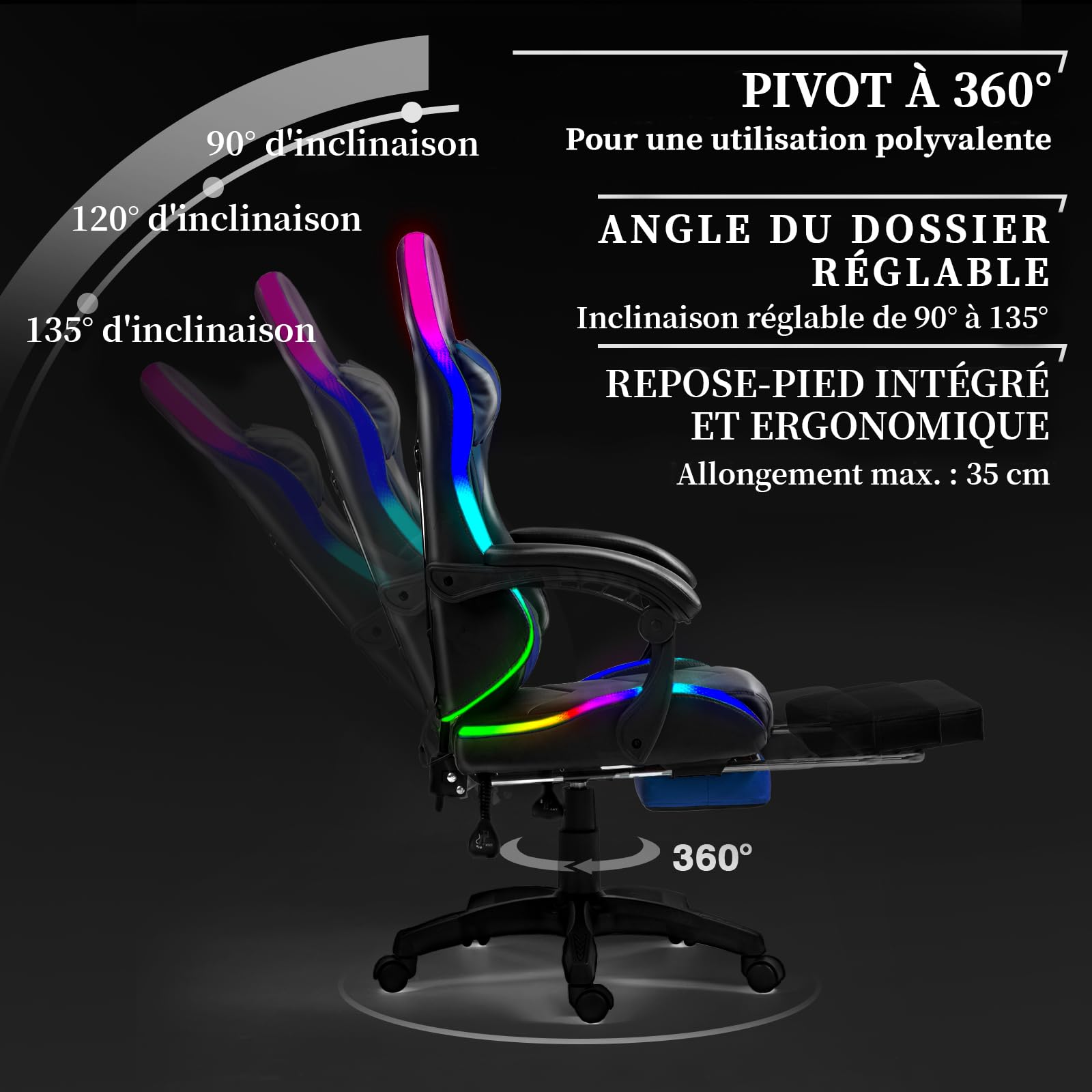 Czlolo Chaise Gaming Ergonomique avec Coussin Lombaire massant, LED RGB Réglage Complet Dossier & Hauteur & Repose-Pieds – Fauteuil Confort – Bleu
