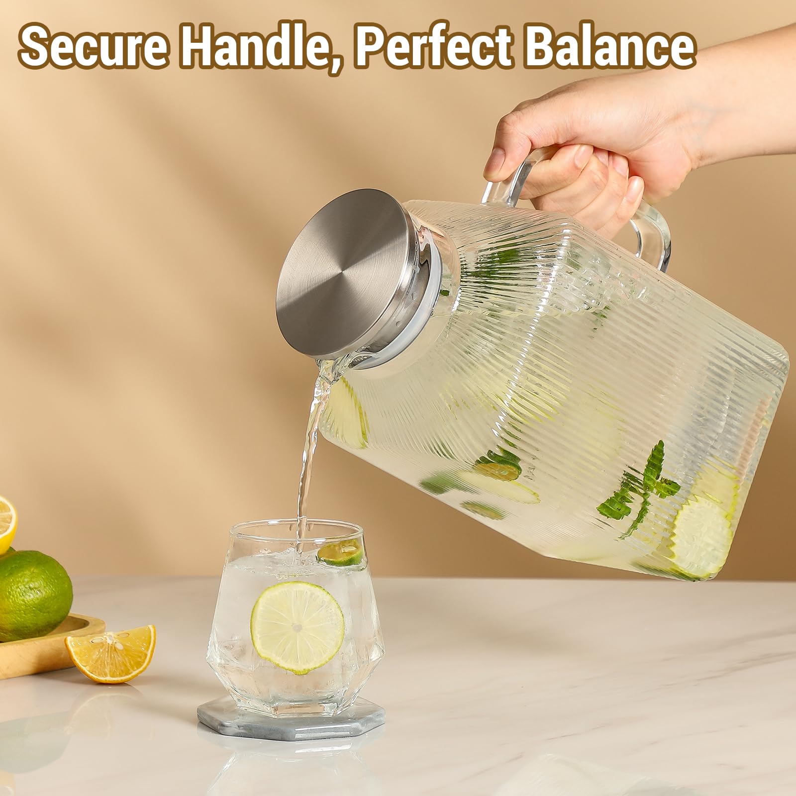 Jarra cuadrada de vidrio grueso de 1 galón con tapa, jarras de agua de rayas clásicas para refrigerador, jarra de vidrio de borosilicato para bebidas calientes y frías, jarra extragrande con asa para