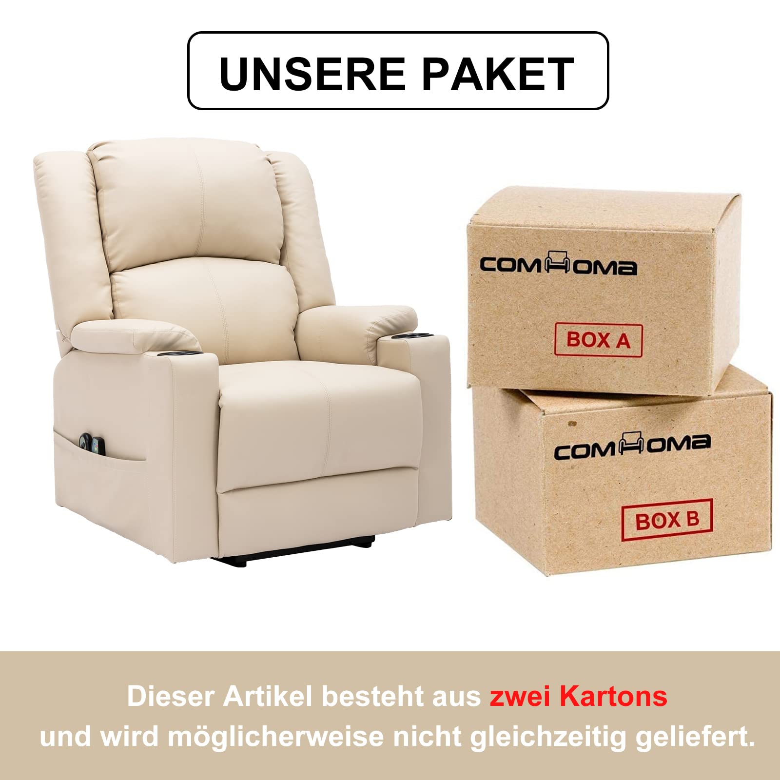 COMHOMA elektrischer Aufstehsessel, Relaxsessel Fernsehsessel Massagesessel mit Liegefunktion Sessel mit Aufstehhilfe Powerlift-Liegestuhl für ältere Menschen (Beige)