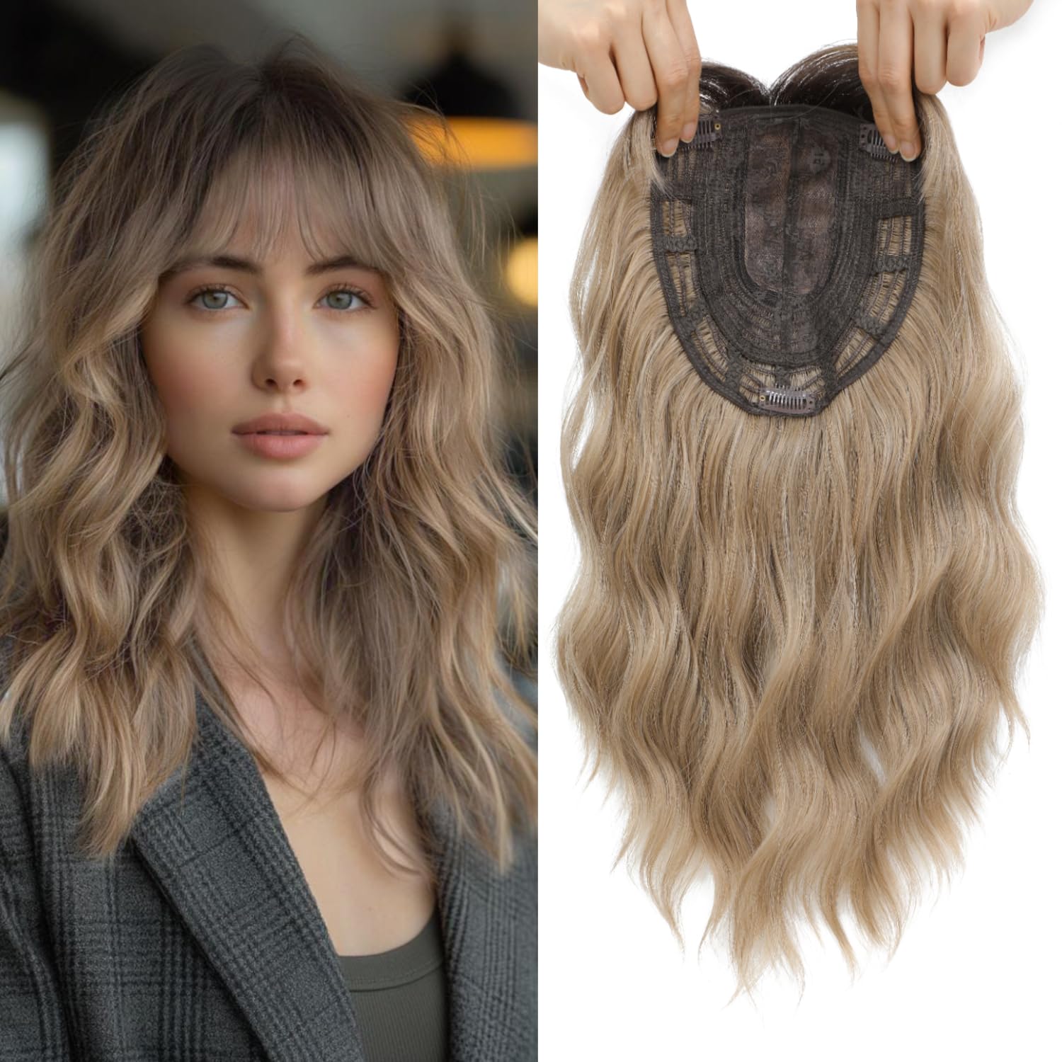 Nexyshe Hair Topper Wavy Hair Toppers with Bangs 14 Inch Hairtoppers for Thinning hair 6.5''X6.5'' Big Base hairpieces for Women Clip in