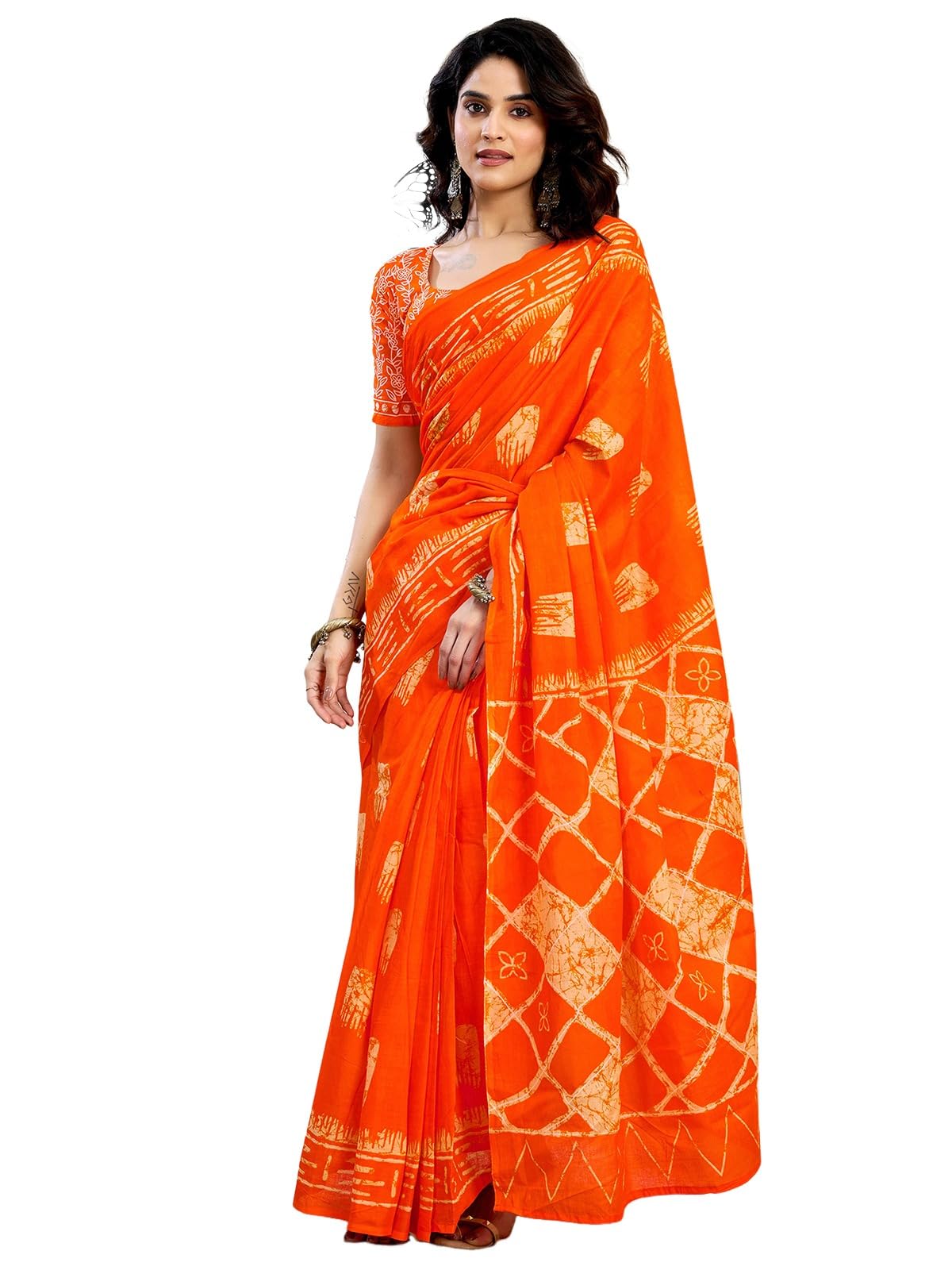 Satrani Women's Pure Cotton Printed Ready To Wear Saree With Pocket And Unstitched Blouse Piece (39Rs147_Orange)