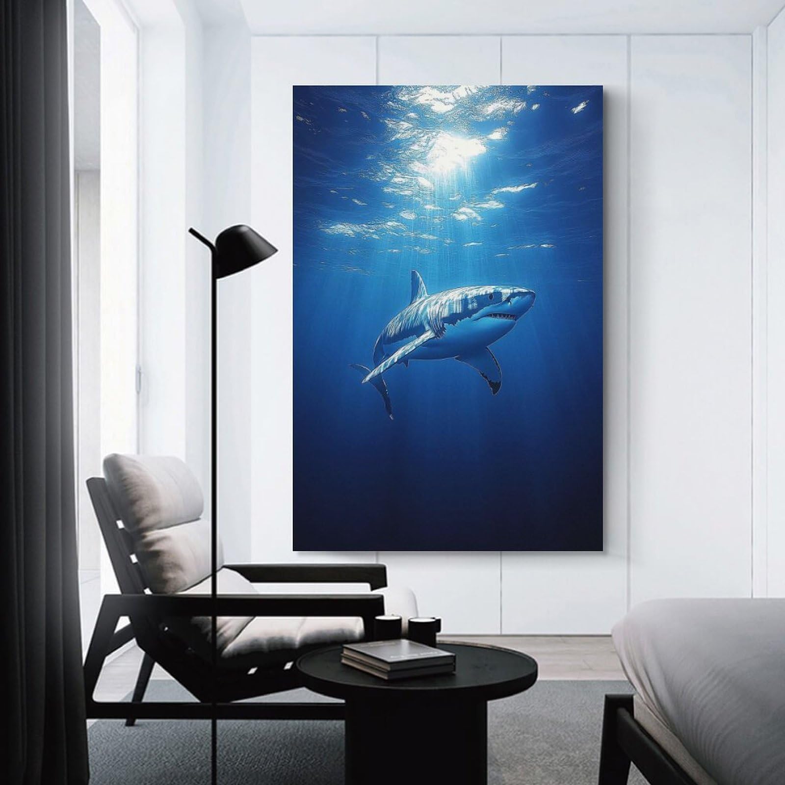Junmoney Great White Shark in Ocean Depths Hanging Wall Art 20x30inch(50x75cm), for New Homes, Bedrooms Or Workspaces, Thoughtful Wall Decor for Art Lovers