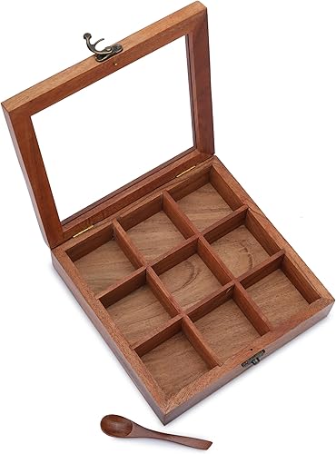 Miniatura 3 de Ajuny Caja de especias de madera de 8 x 8 pulgadas, organizador decorativo de Masala Dabba con tapa de vidrio, 9 compartimentos fijos y cuchara,