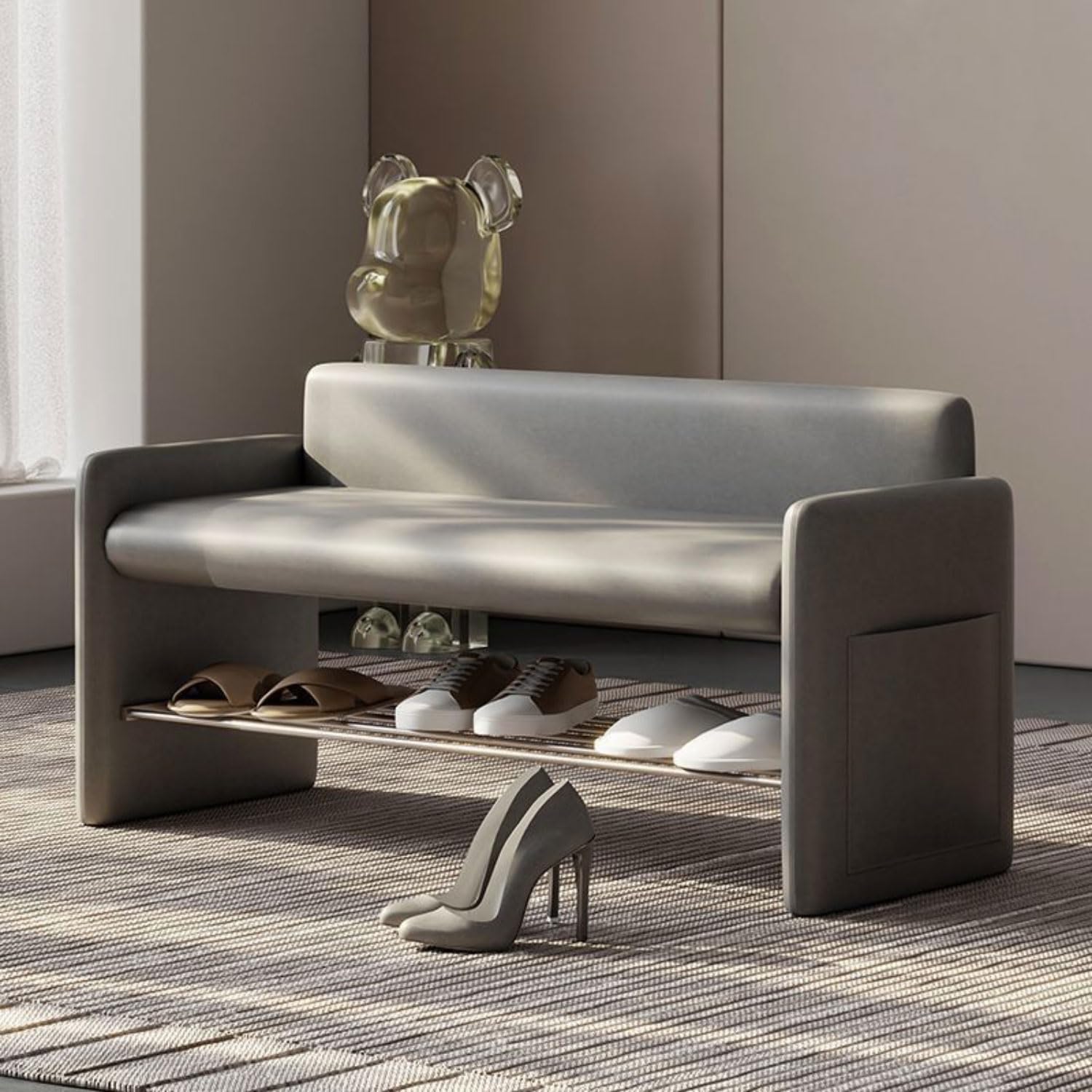 Banc à chaussures avec assise rembourrée et rangement pour entrée