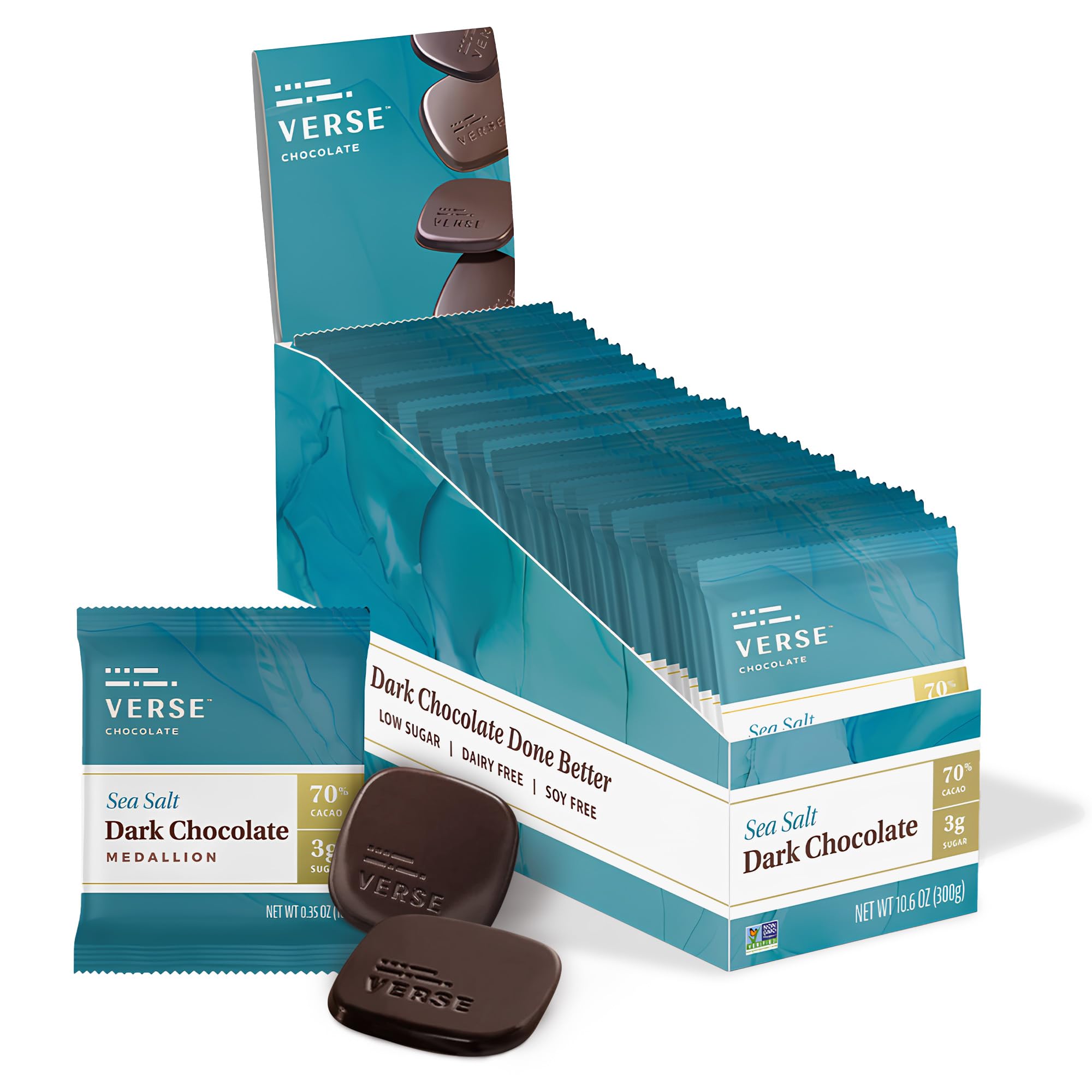 Verse Dark Chocolate Sea Salt Squares - Only 3g Cane Sugar - Creamy 70% Cocoa Dark Chocolate - Individually Wrapped Cacao Bar Squares (30 Count)