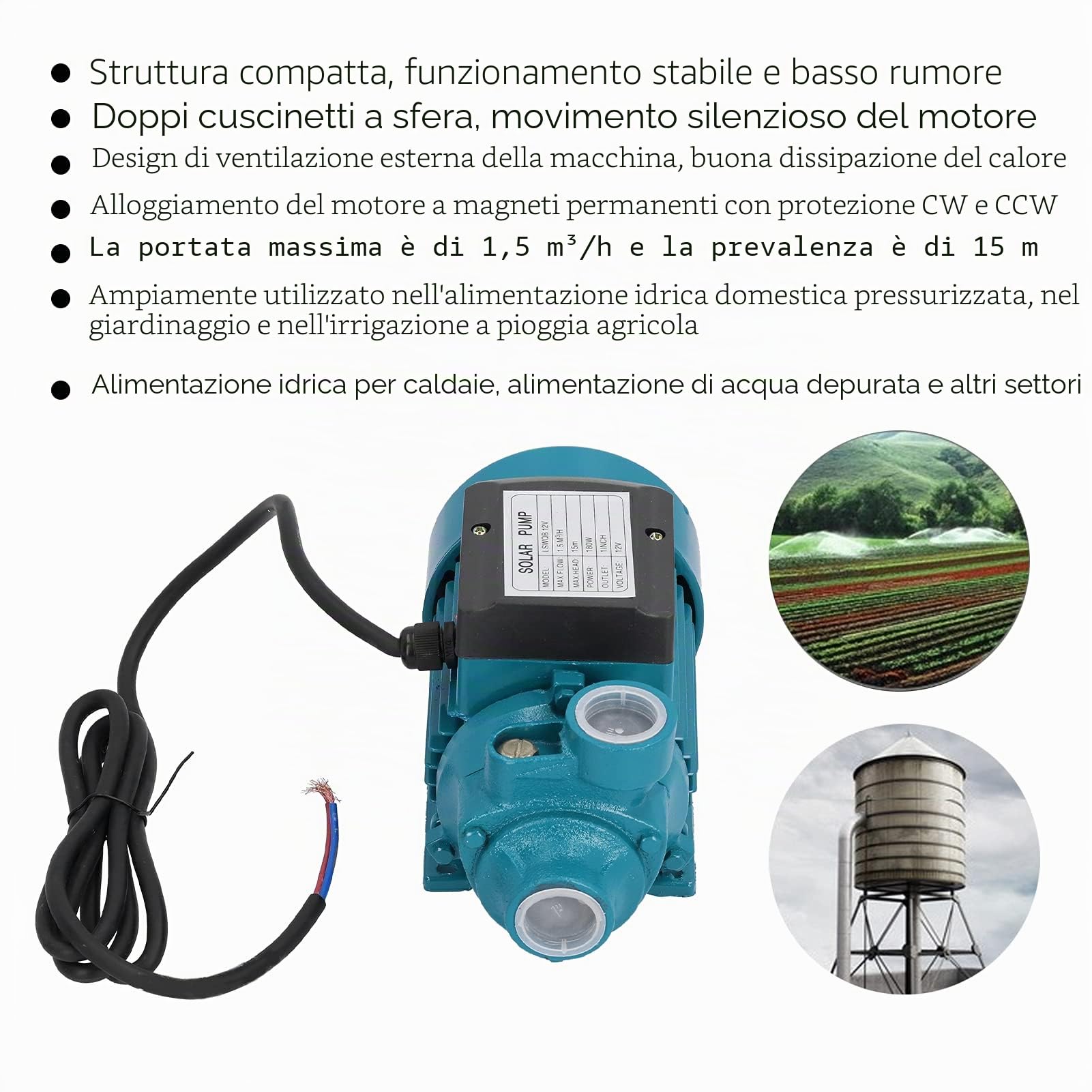 Pompa Dell'acqua, LSWQB-12V 180W DC12V 1.5m³/H Motore a Girante Unipolare Strumento di Irrigazione Ad Aspirazione Singola Orizzontale, per L'approvvigionamento Idrico Domestico Pressurizzato