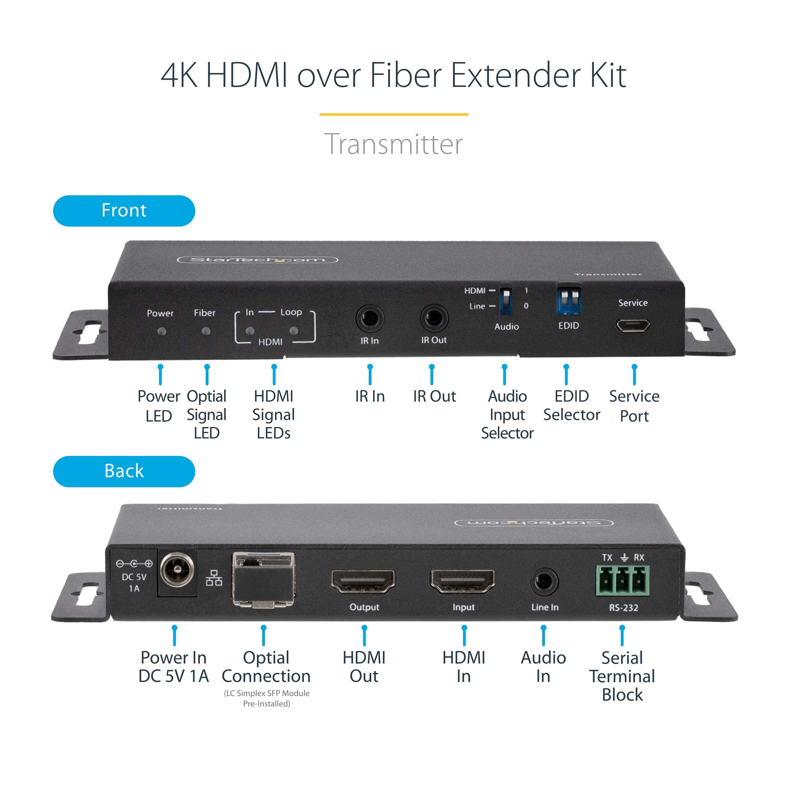 StarTech Extensor HDMI por Fibra LC 4K 60Hz HDR RS232 IR 1km Monomodo | Extensión IR y serie RS232, EDID, Audio 7.1 canales, HDCP 2.2, Protección ESD 8kV aire y 6kV contacto