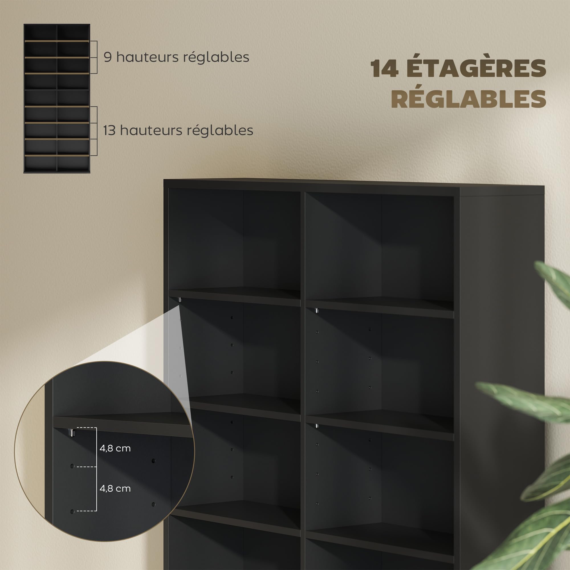 HOMCOM Rangements pour CD et DVD, meuble de rangement multimédia, capacité max. 640 CD/360 DVD et 430 Blu-ray, 18 compartiments 14 étagères réglables, pour salon, chambre, 78,5x24x175cm, noir